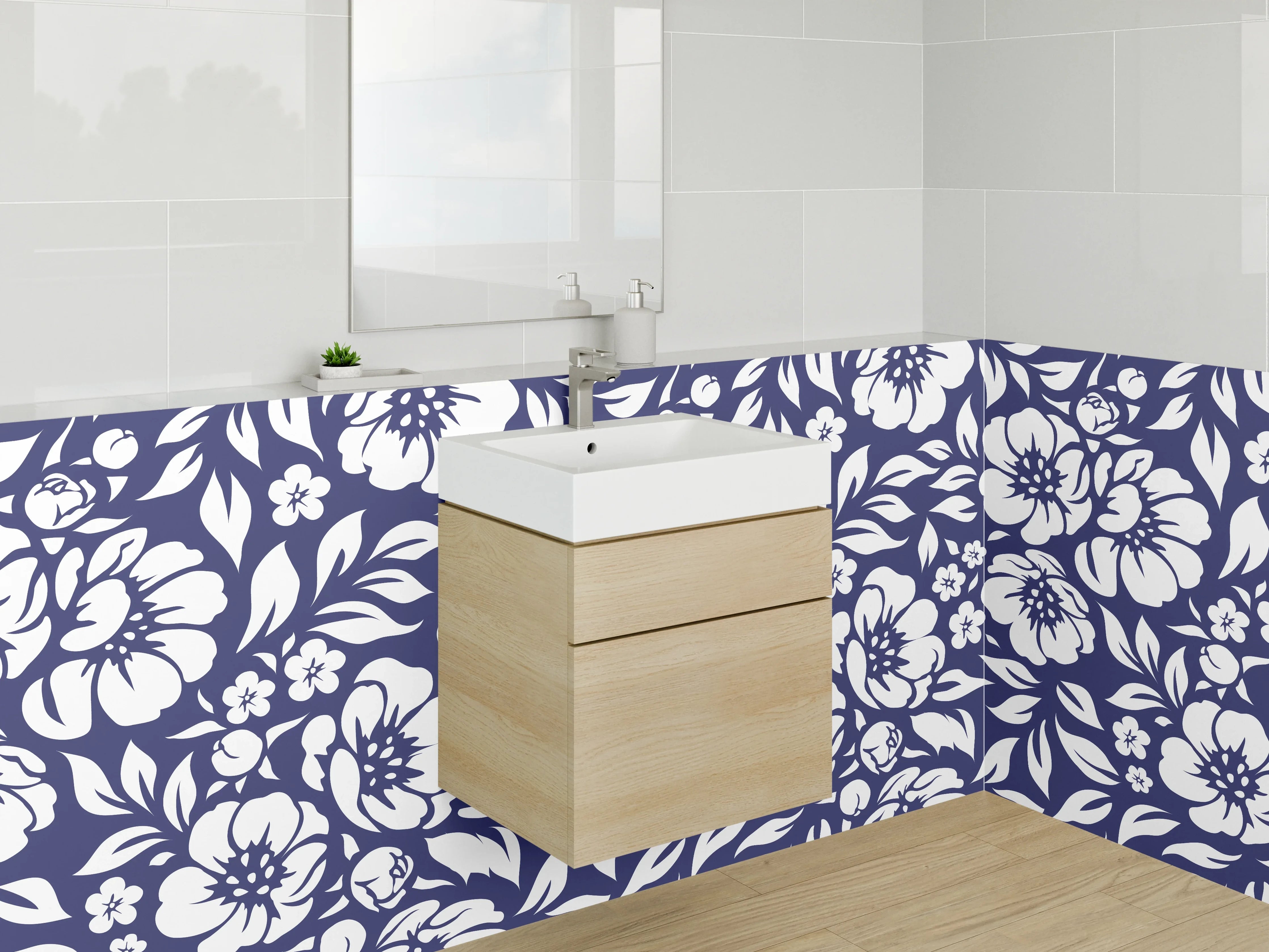 Waschbecken-Rückwand - Florales Blumenmuster Dunkelblau Weiß