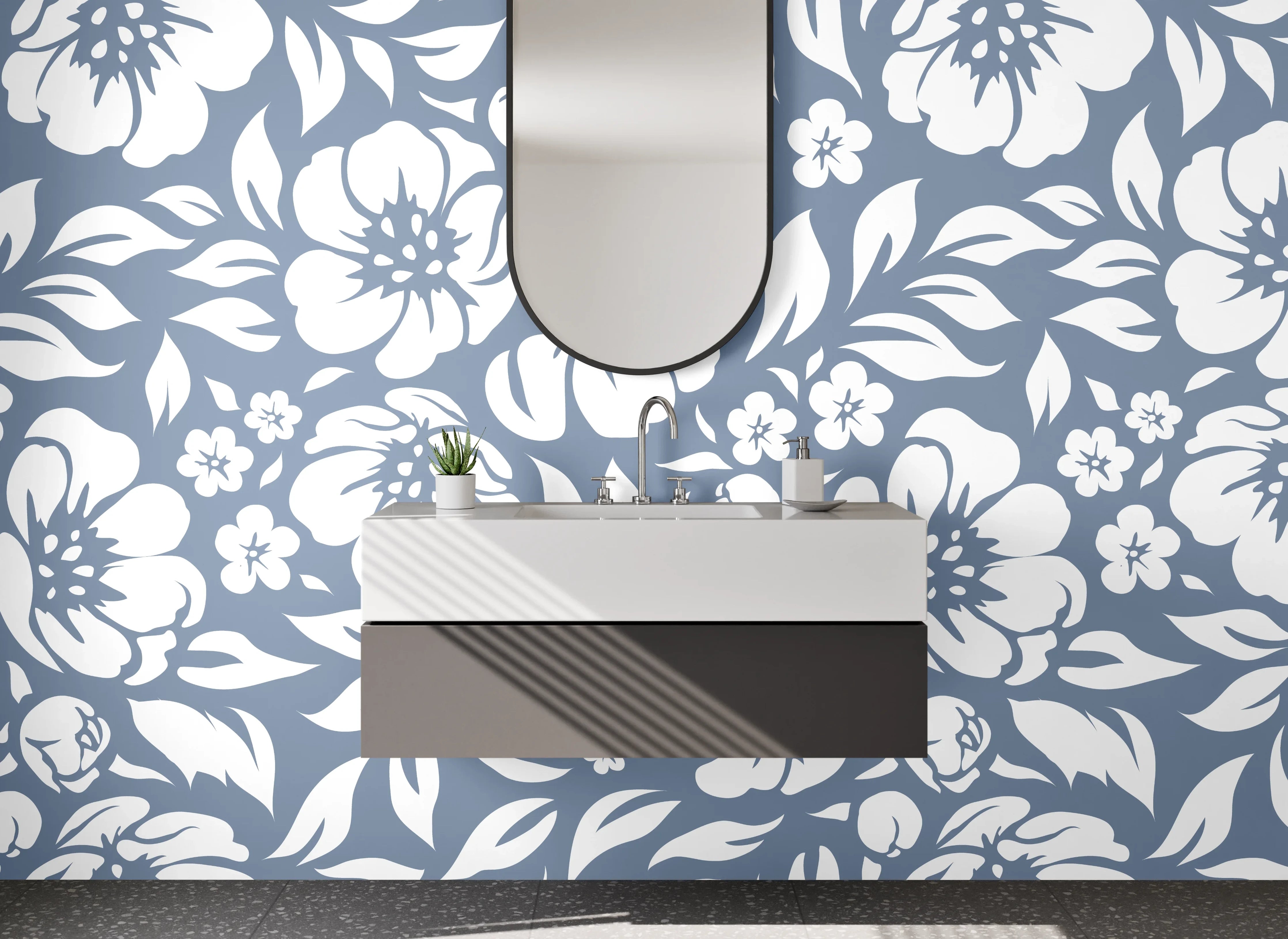 Waschbecken-Rückwand - Florales Blumenmuster Weiß auf Blau