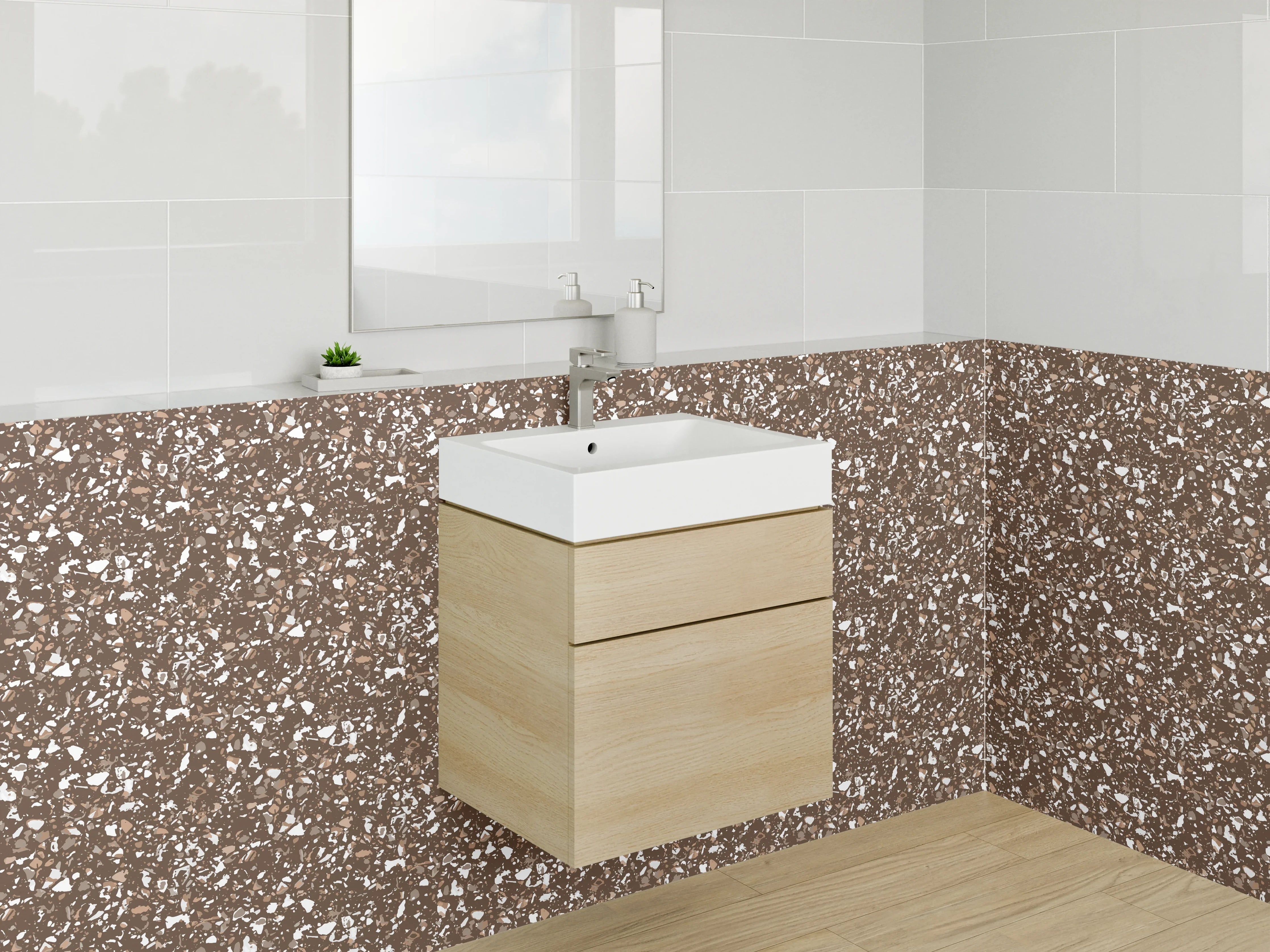 Waschbecken-Rückwand - Florales Braun-Weiß Blättermuster Dekor