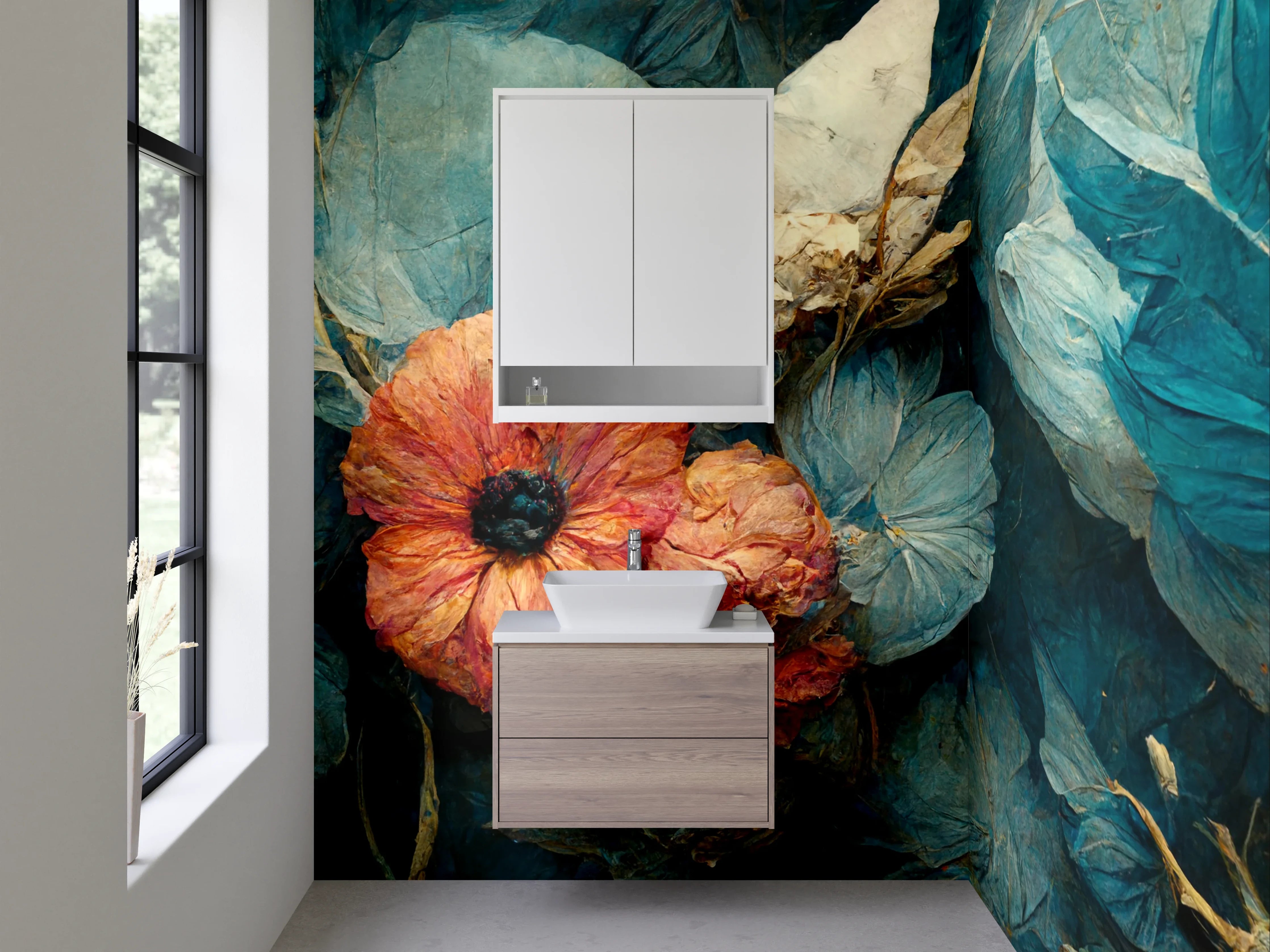 Waschbecken-Rückwand - Florales Kunstwerk in Blau und Orange