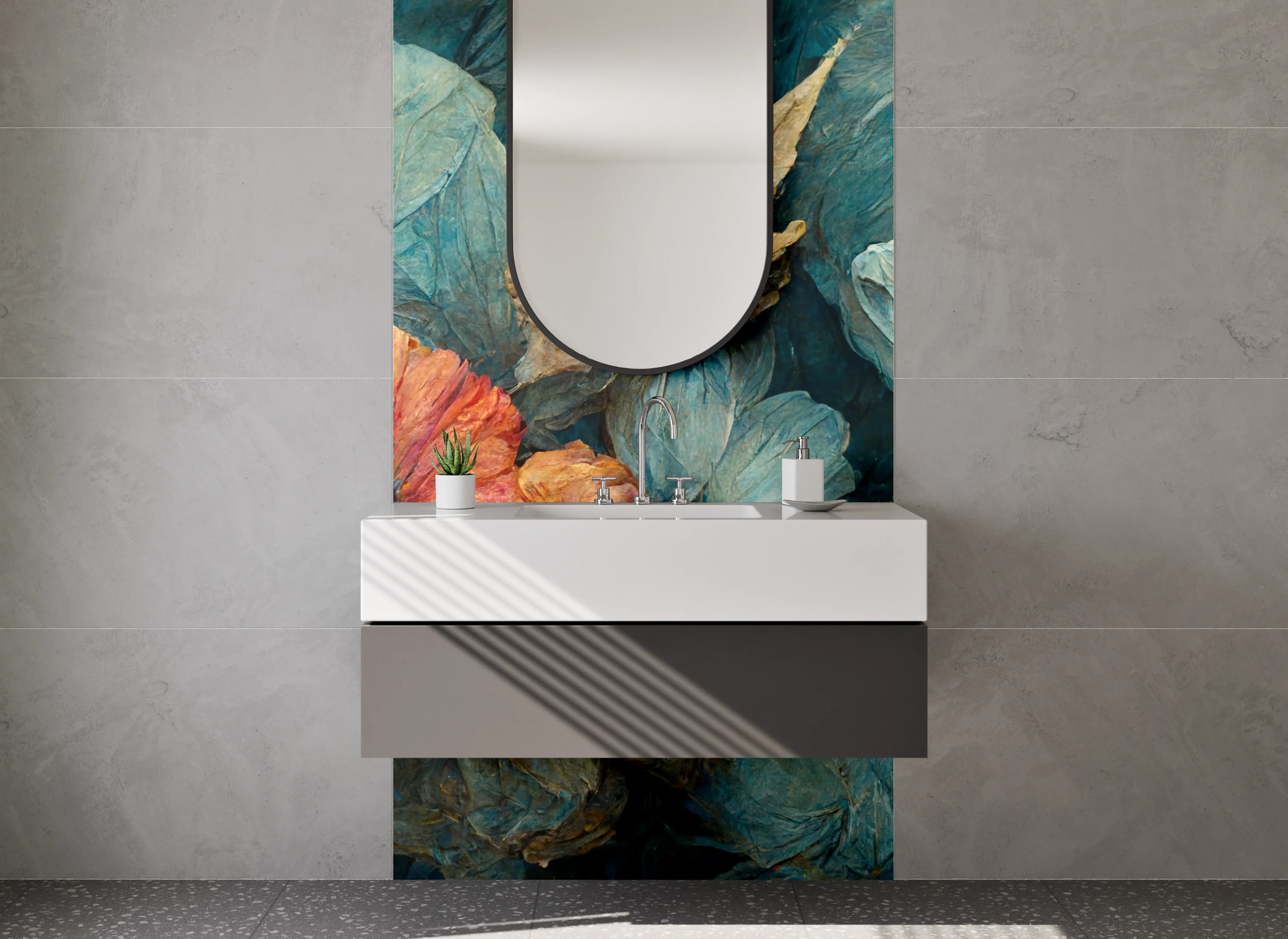 Waschbecken-Rückwand - Florales Kunstwerk in Blau und Orange