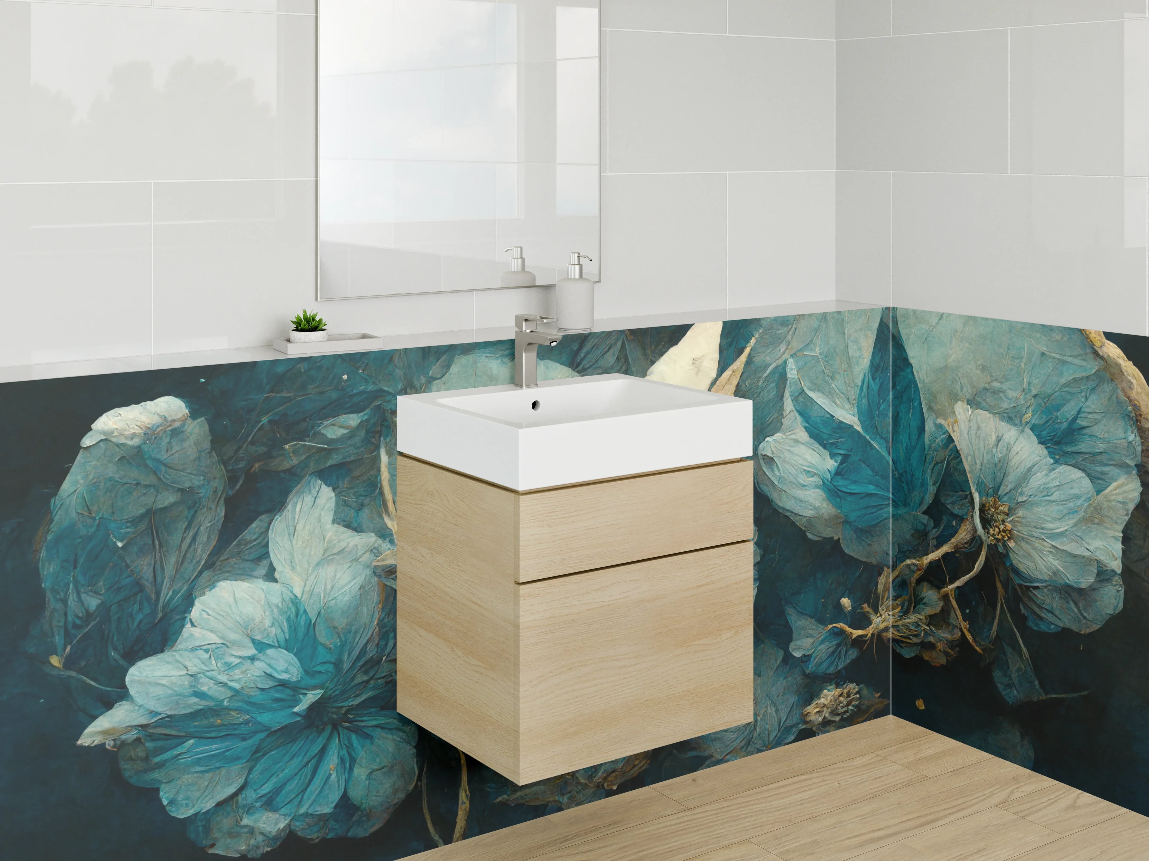 Waschbecken-Rückwand - Florales Kunstwerk in Blau und Orange