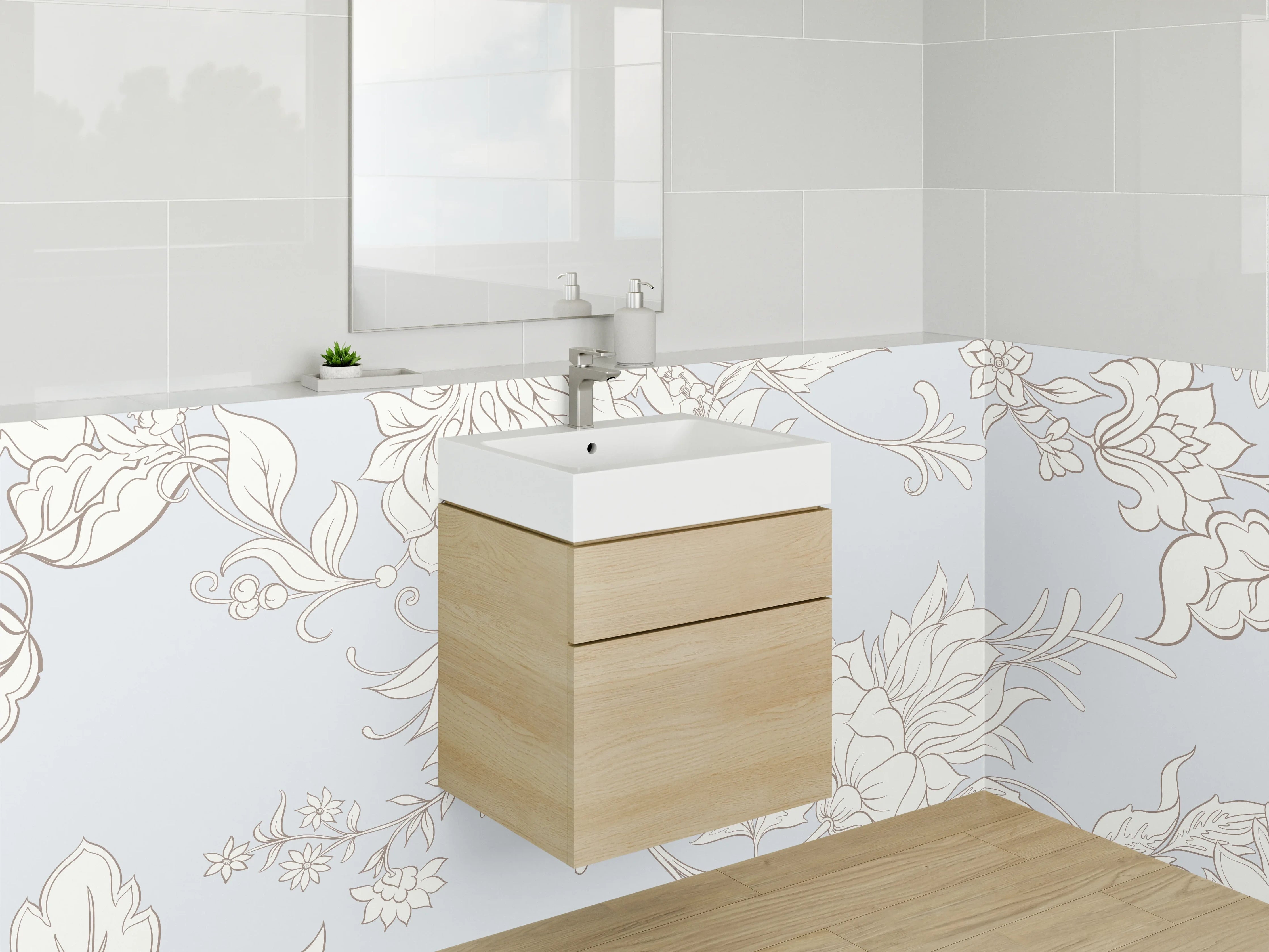 Waschbecken-Rückwand - Florales Lineart Dekor Weiß-Grau