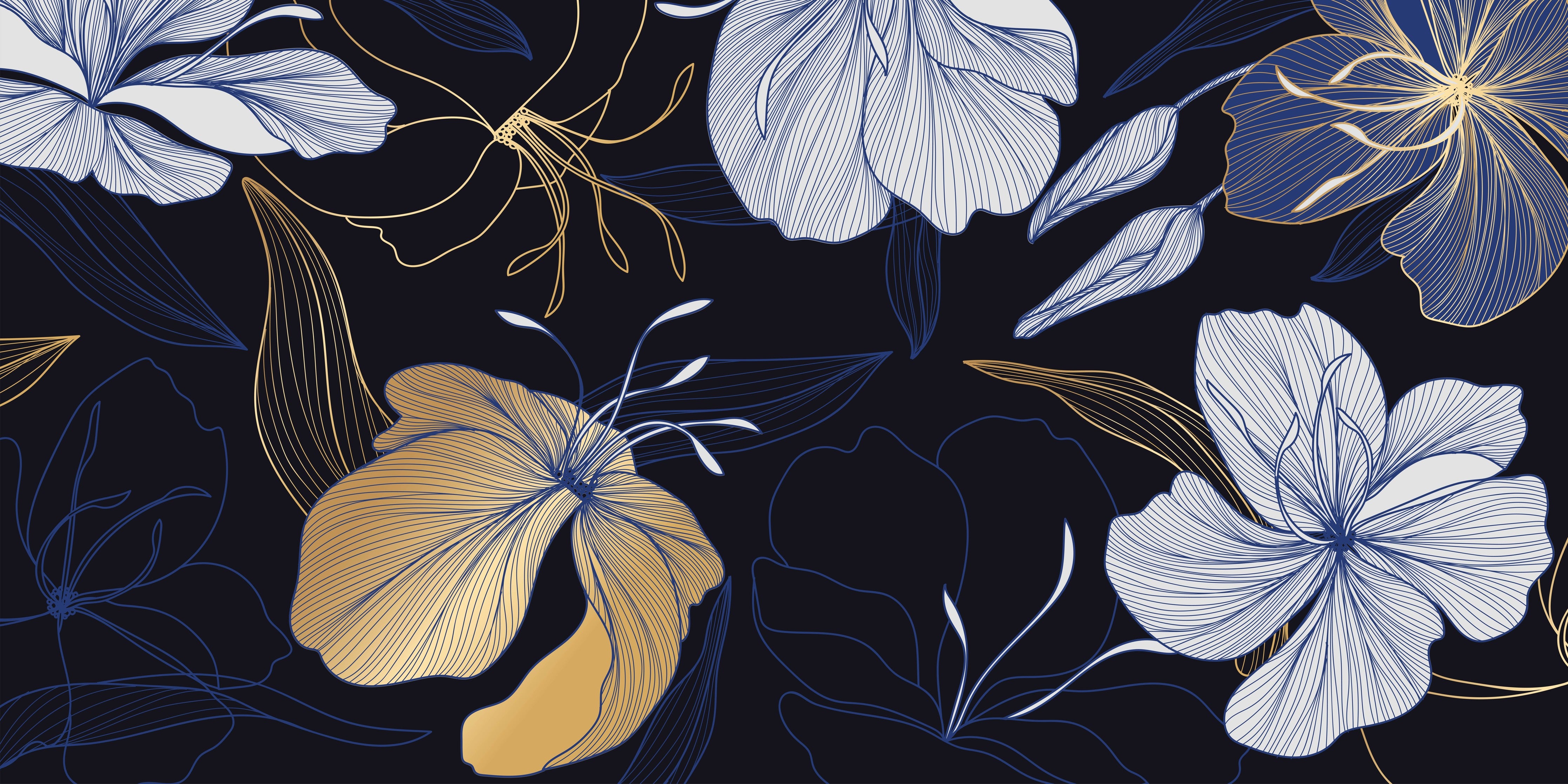 Waschbecken-Rückwand-Florales Lineart Design in Gold und Blau