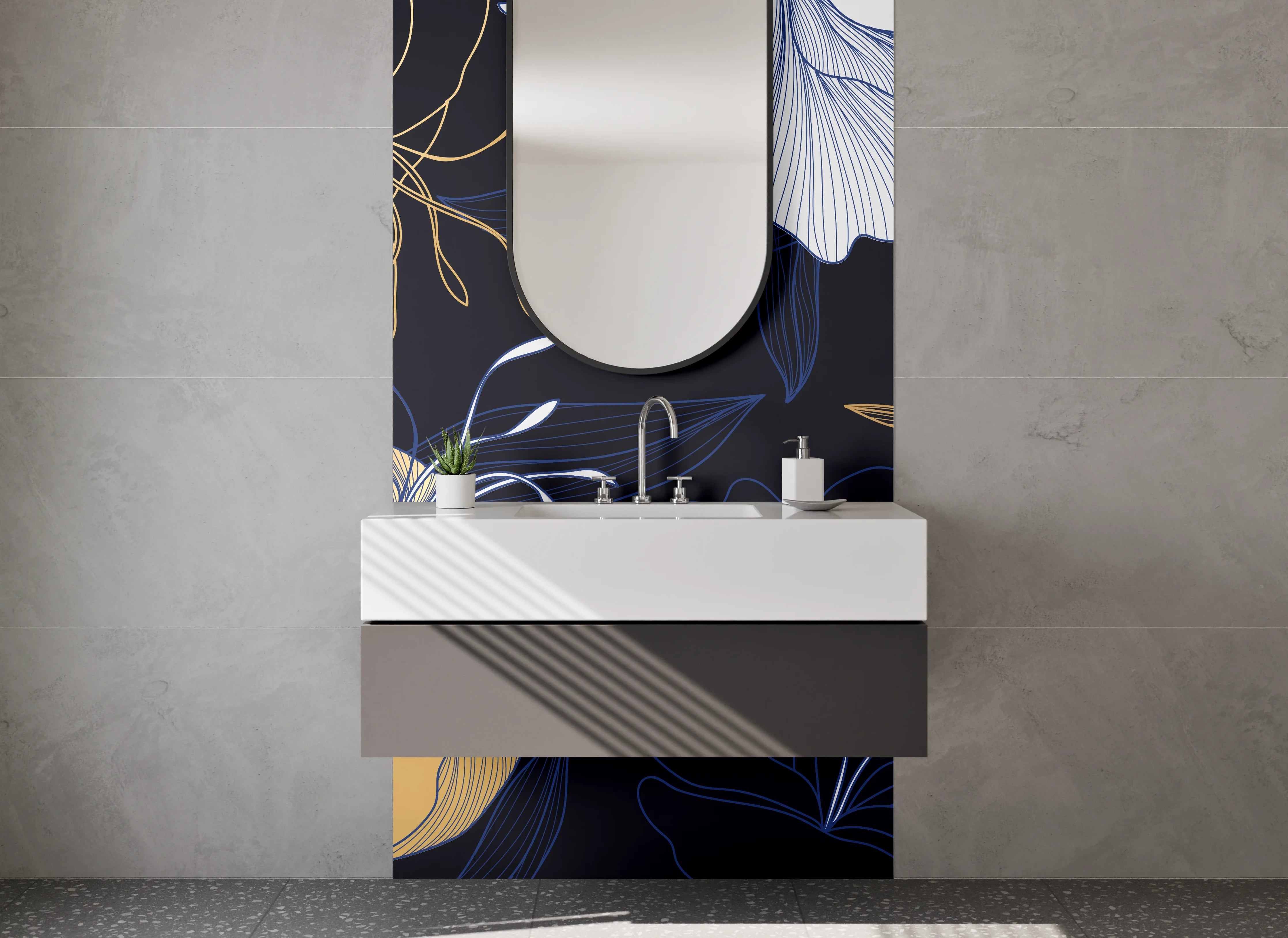 Waschbecken-Rückwand - Florales Lineart Design in Gold und Blau