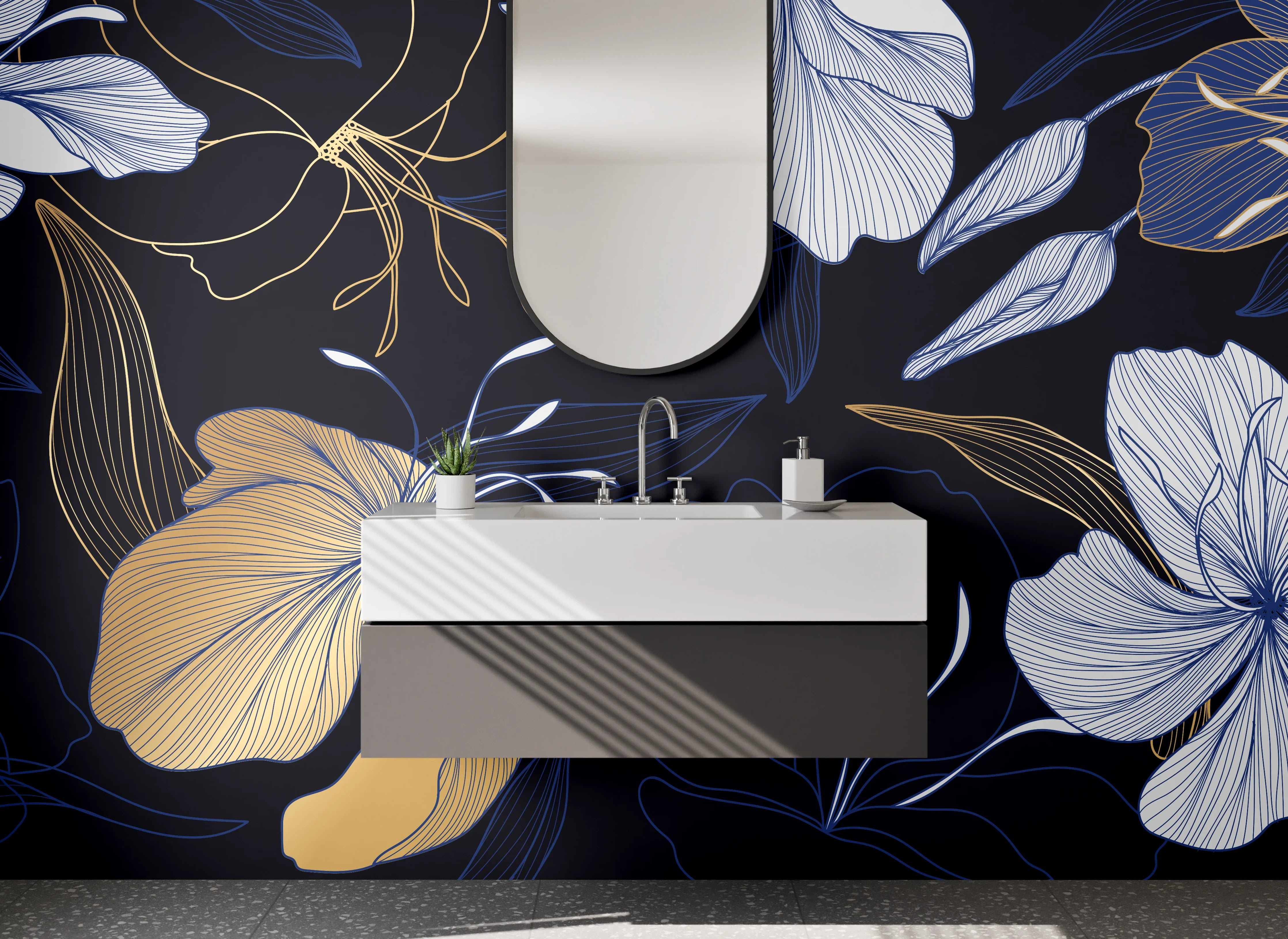 Waschbecken-Rückwand - Florales Lineart Design in Gold und Blau