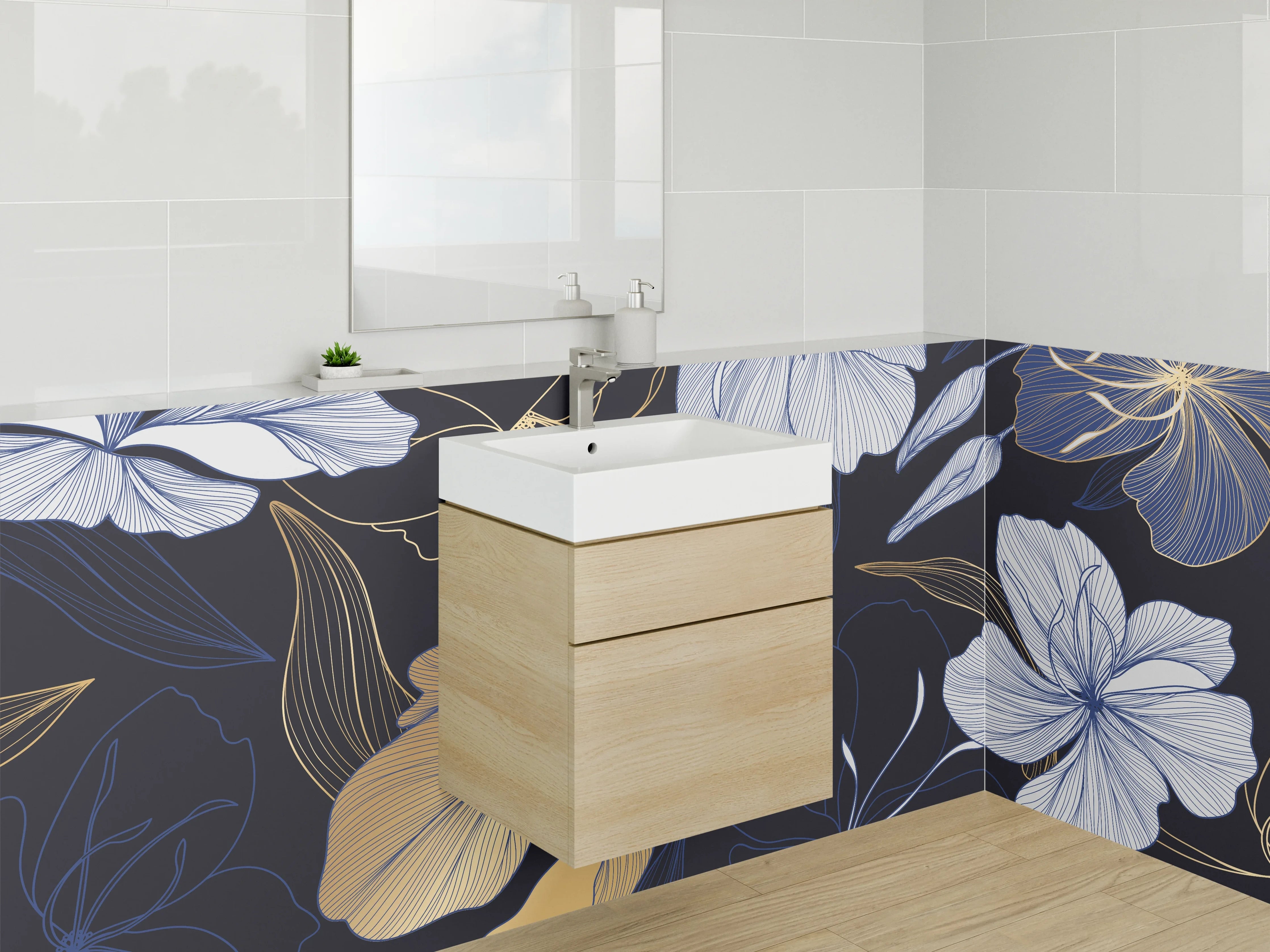 Waschbecken-Rückwand - Florales Lineart Design in Gold und Blau