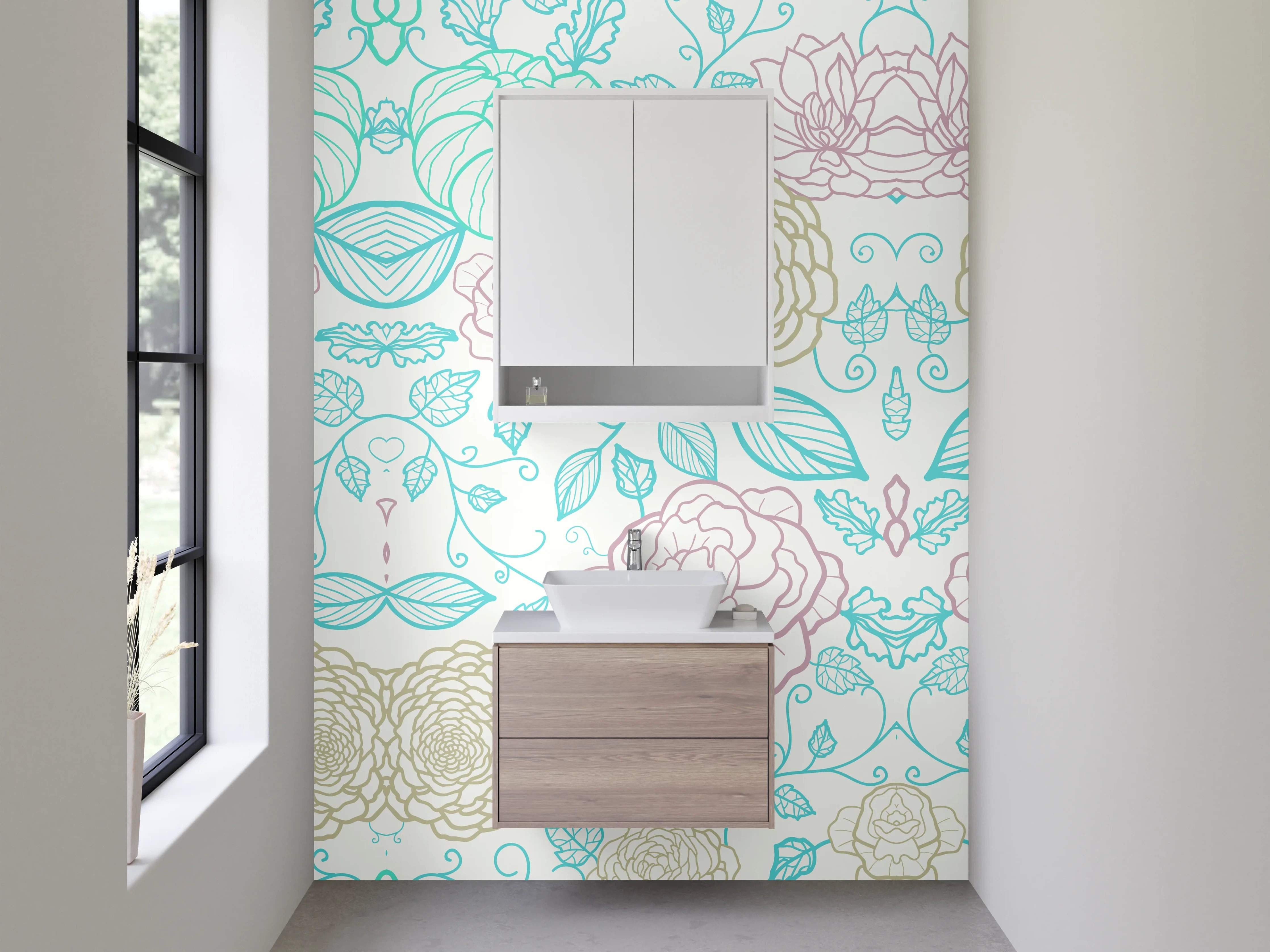 Waschbecken-Rückwand - Florales Lineart Muster Pastell