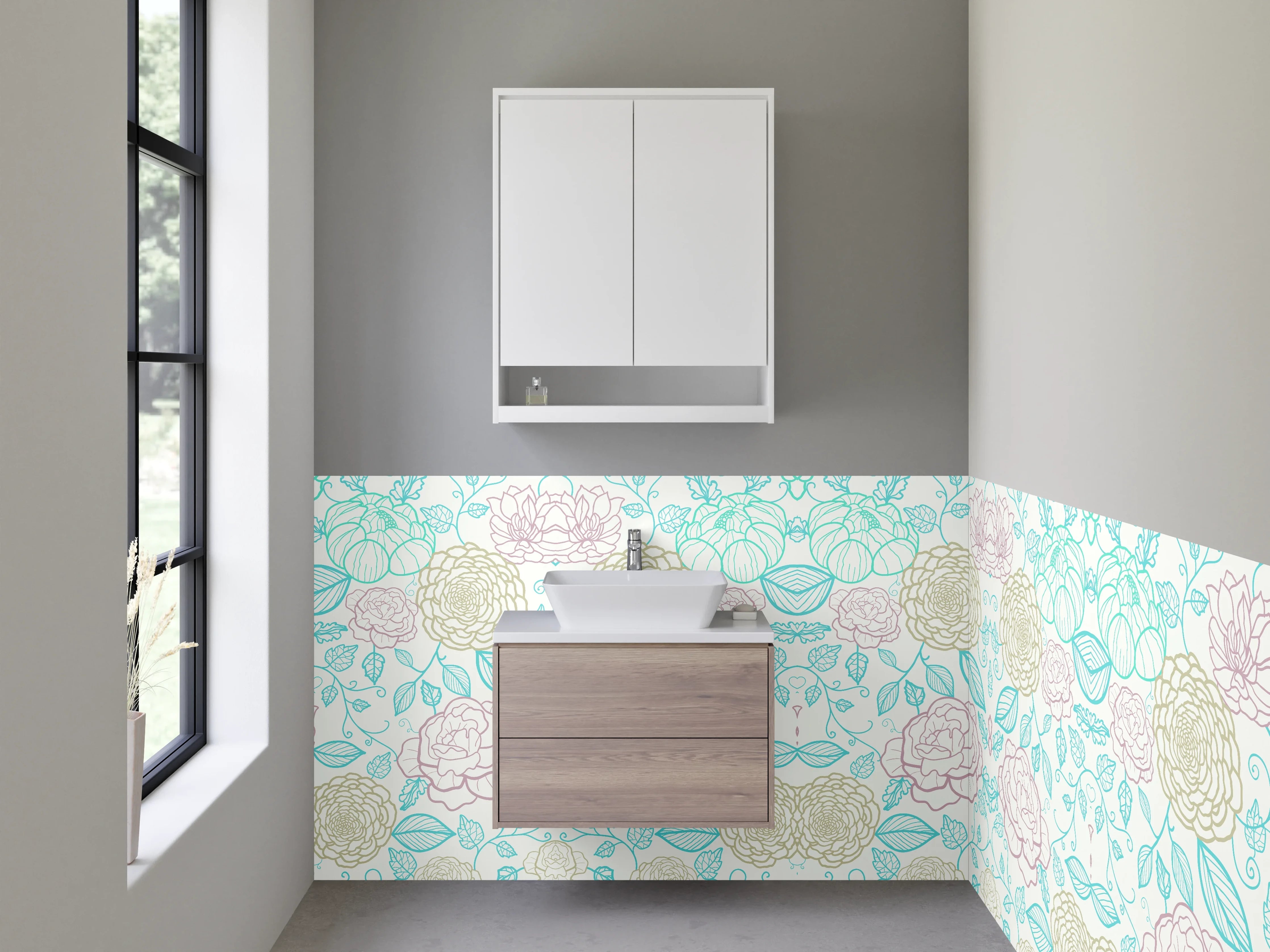 Waschbecken-Rückwand - Florales Lineart Muster Pastell