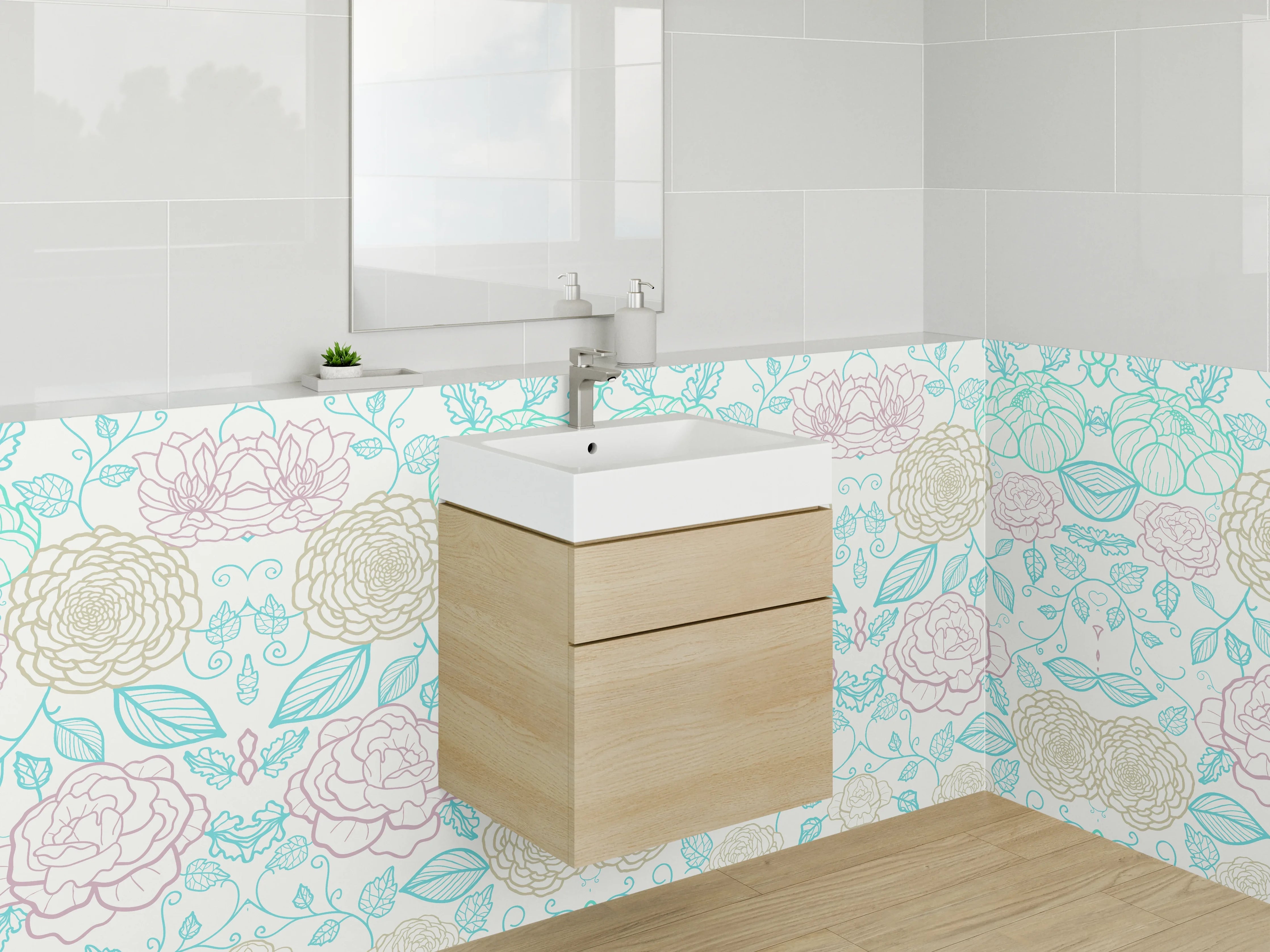 Waschbecken-Rückwand - Florales Lineart Muster Pastell