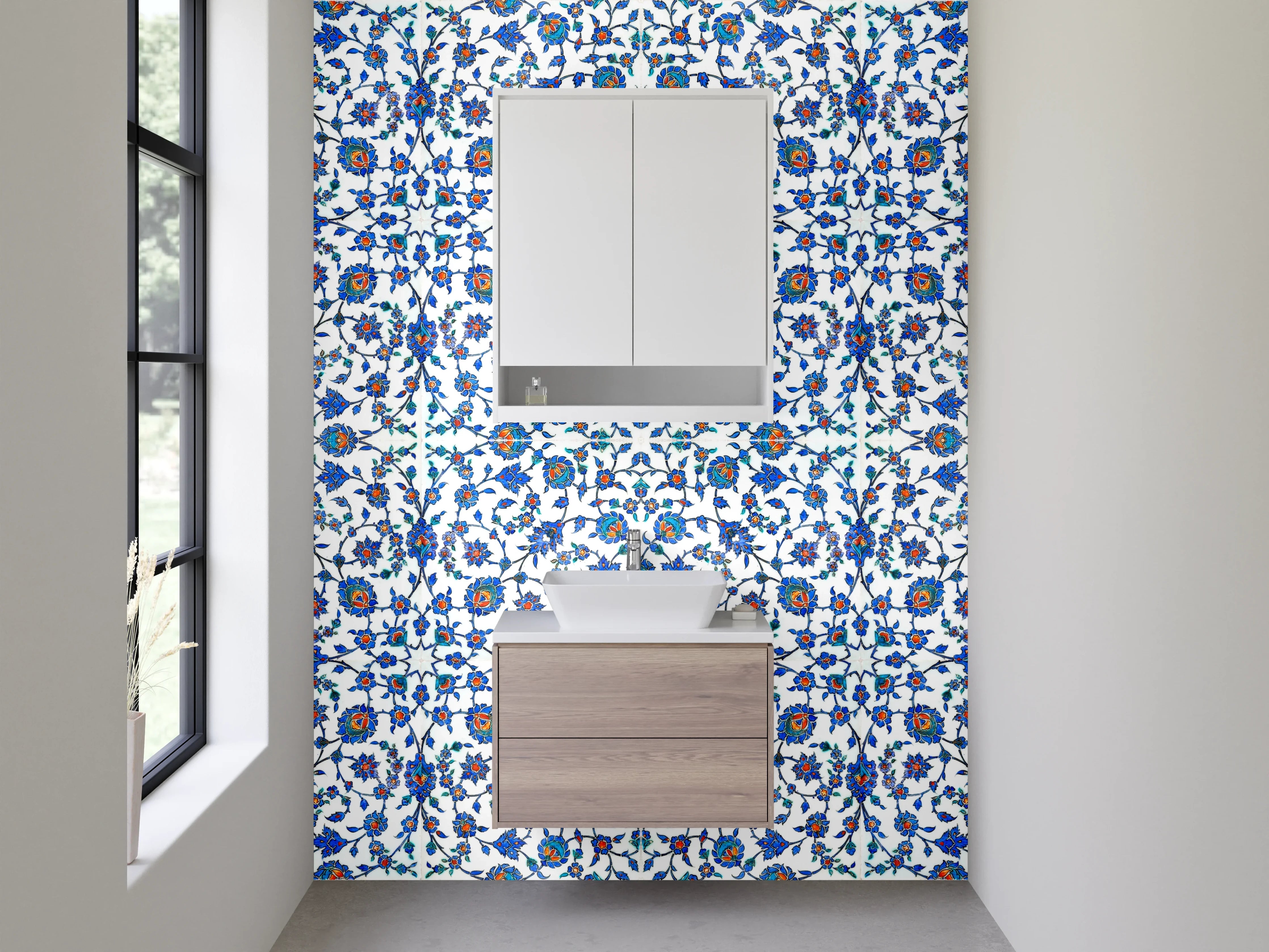 Waschbecken-Rückwand - Florales Mosaikmuster Blau Weiß