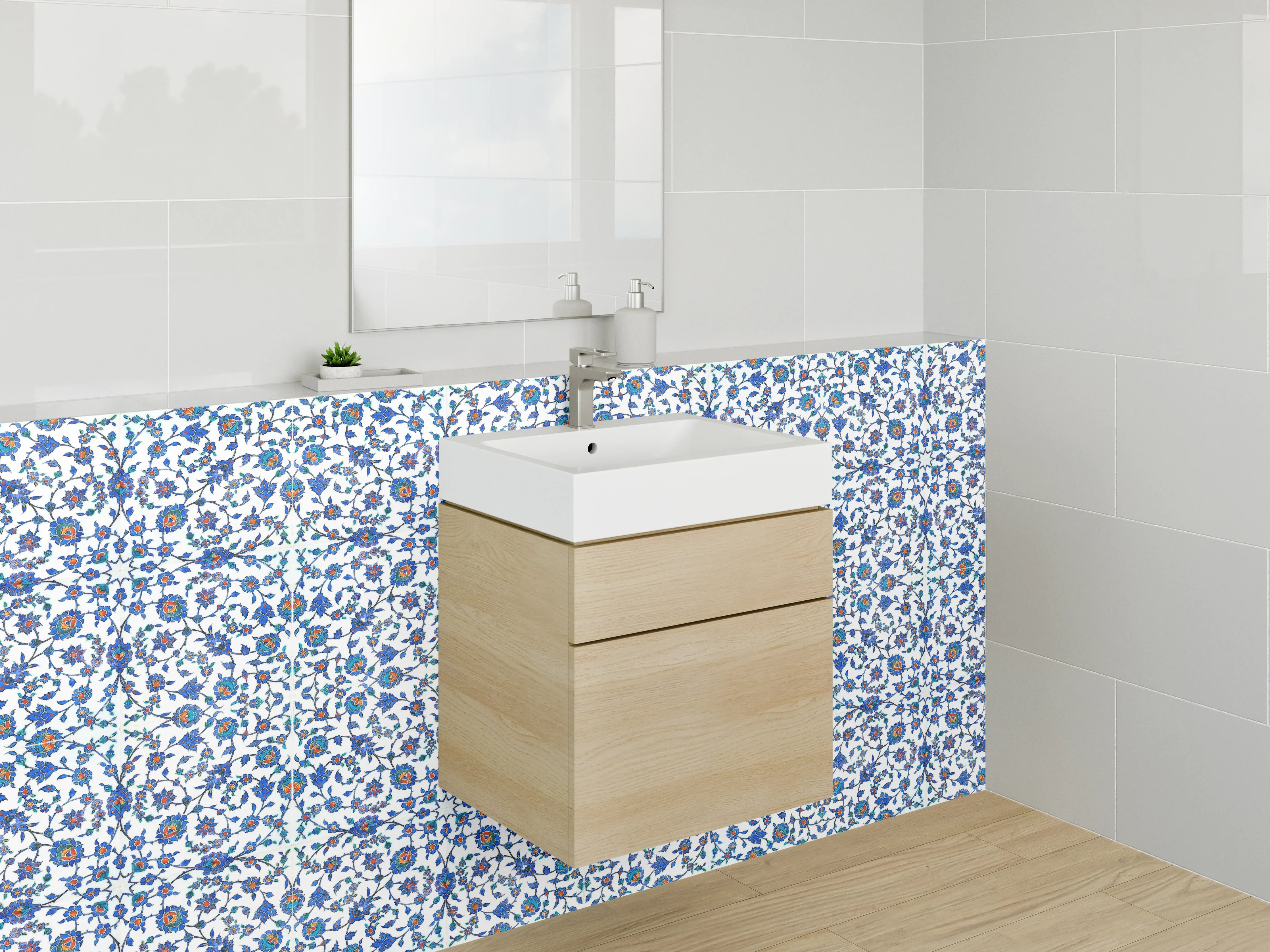 Waschbecken-Rückwand - Florales Mosaikmuster Blau Weiß