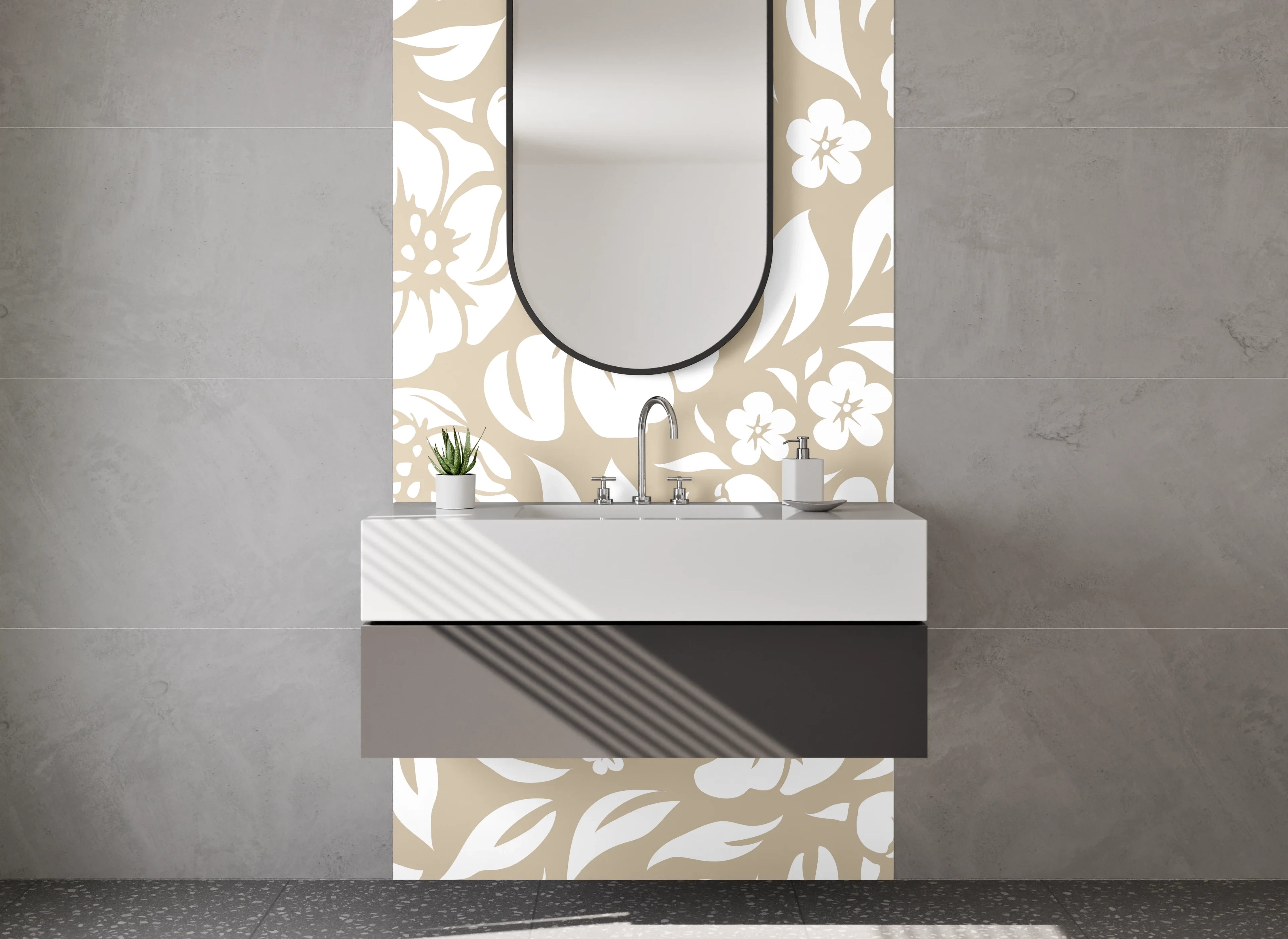 Waschbecken-Rückwand - Florales Muster Beige Weiß