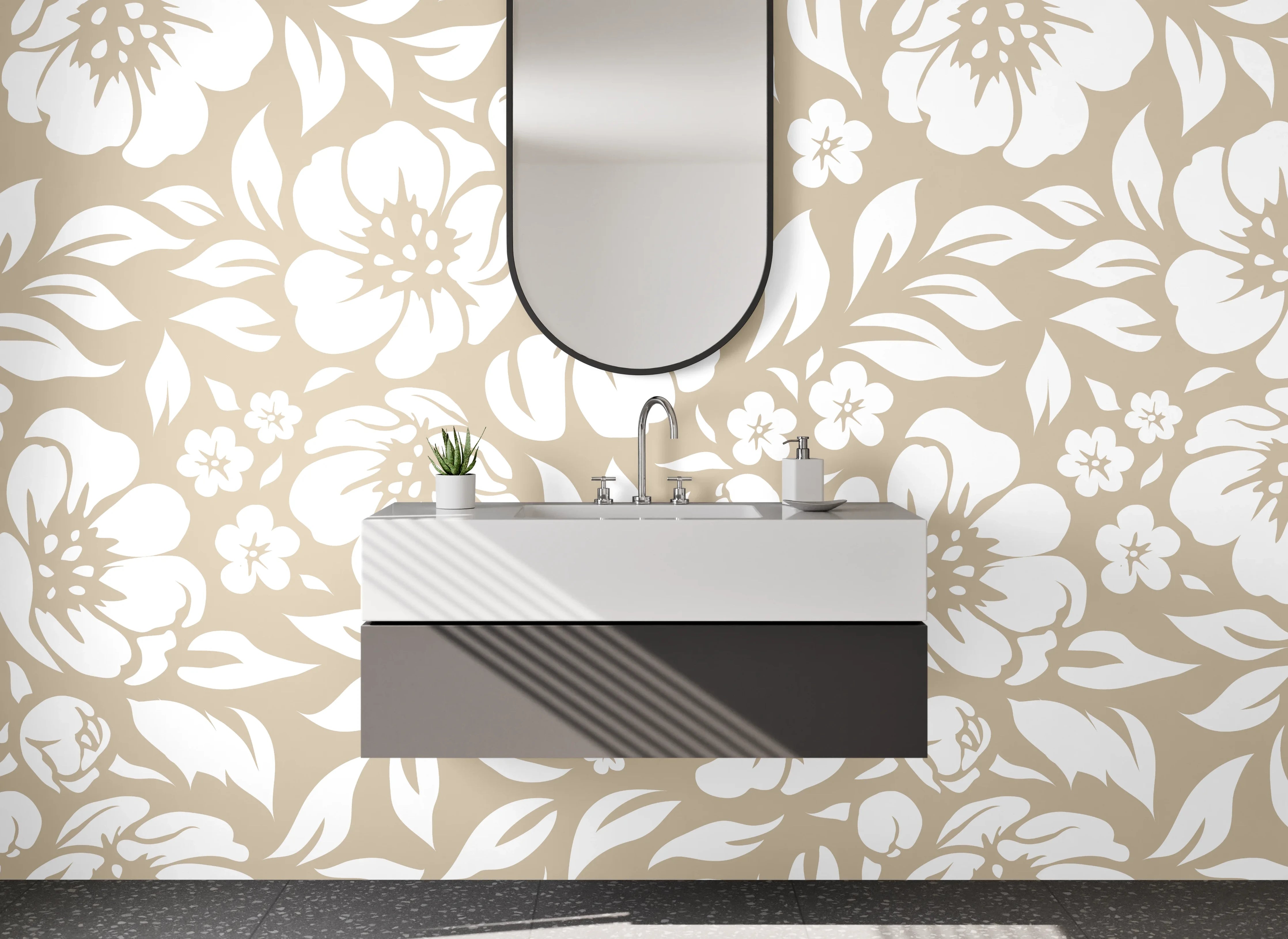 Waschbecken-Rückwand - Florales Muster Beige Weiß