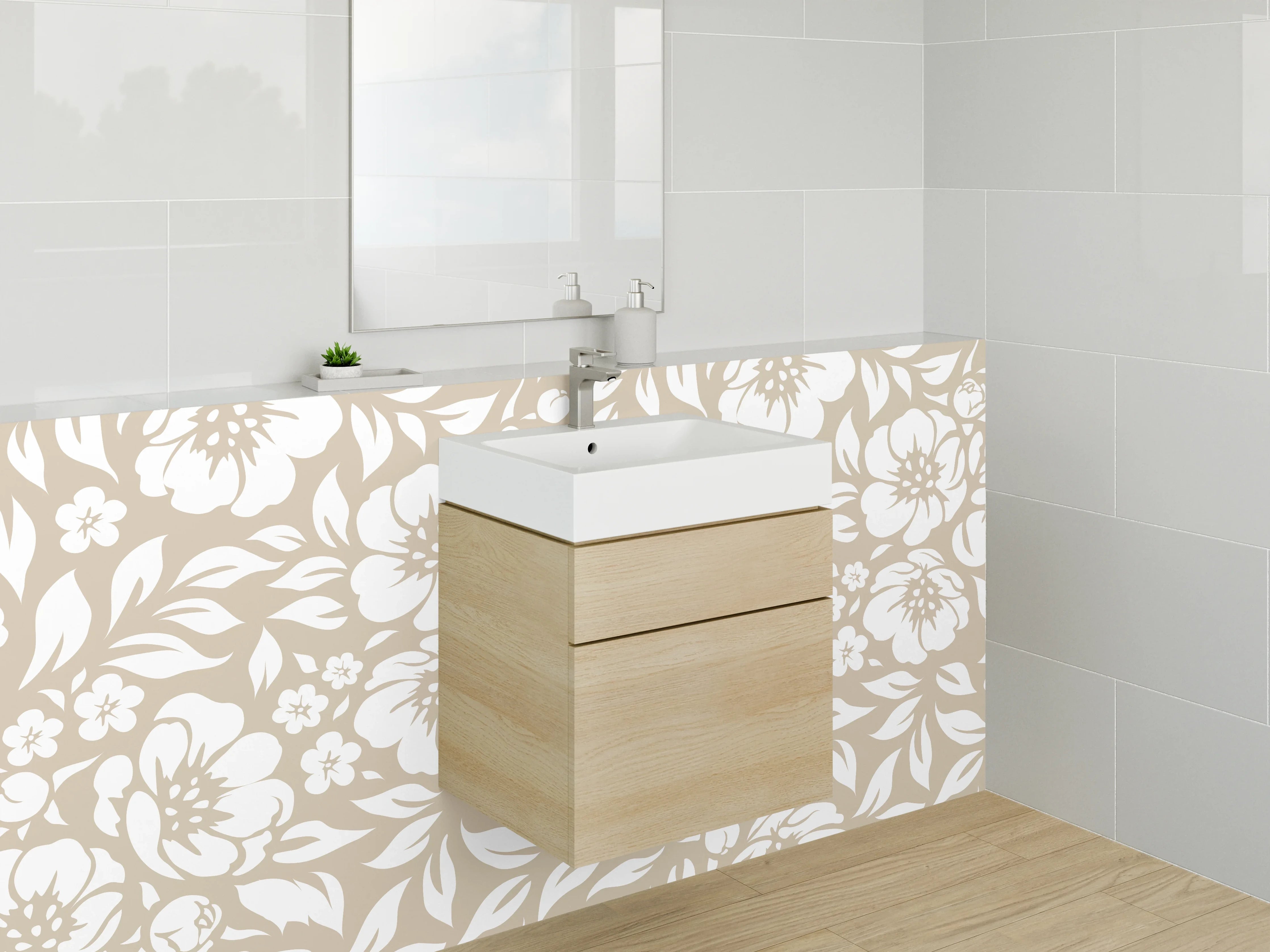 Waschbecken-Rückwand - Florales Muster Beige Weiß