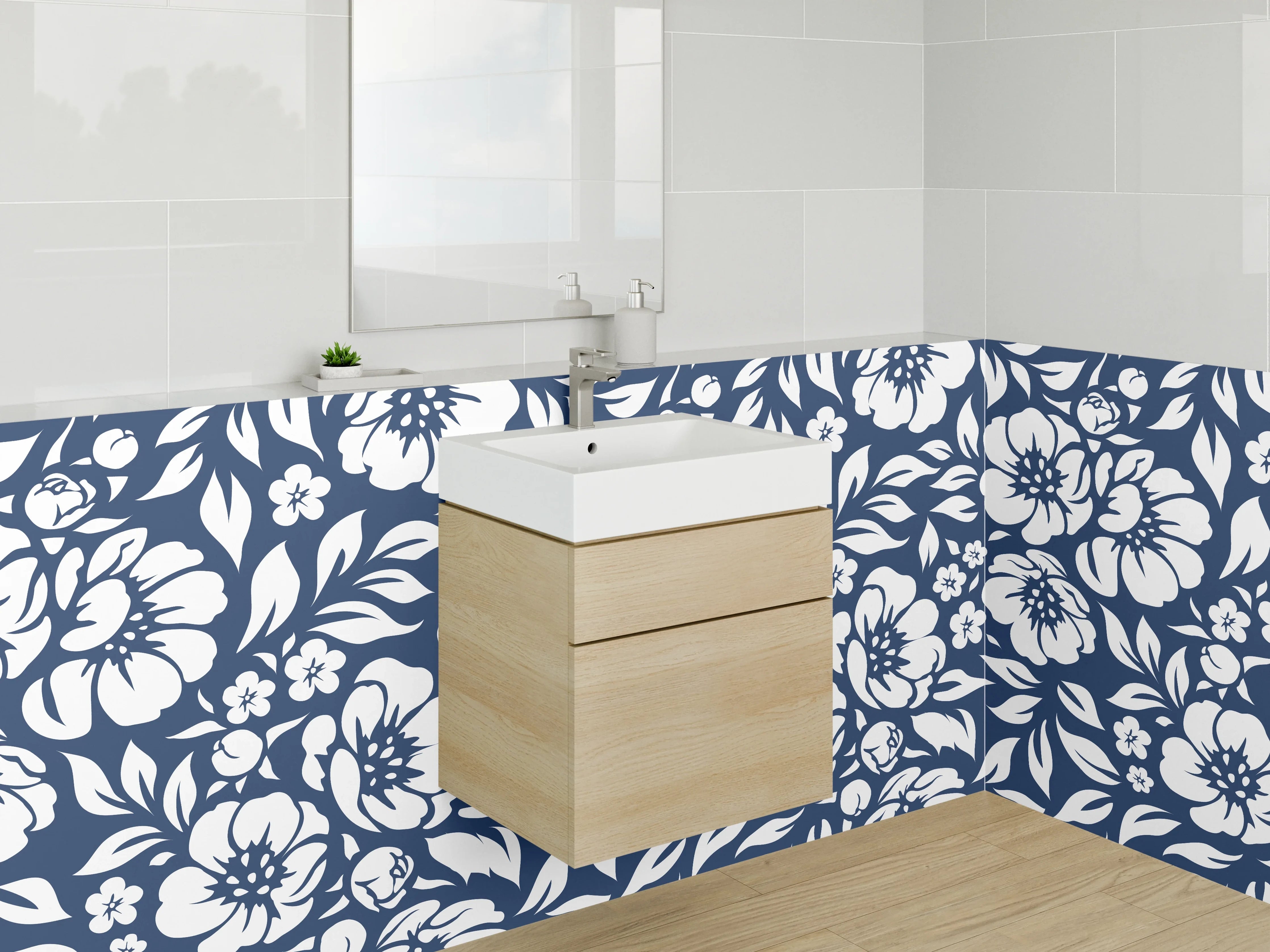 Waschbecken-Rückwand - Florales Muster Blau-Weiß