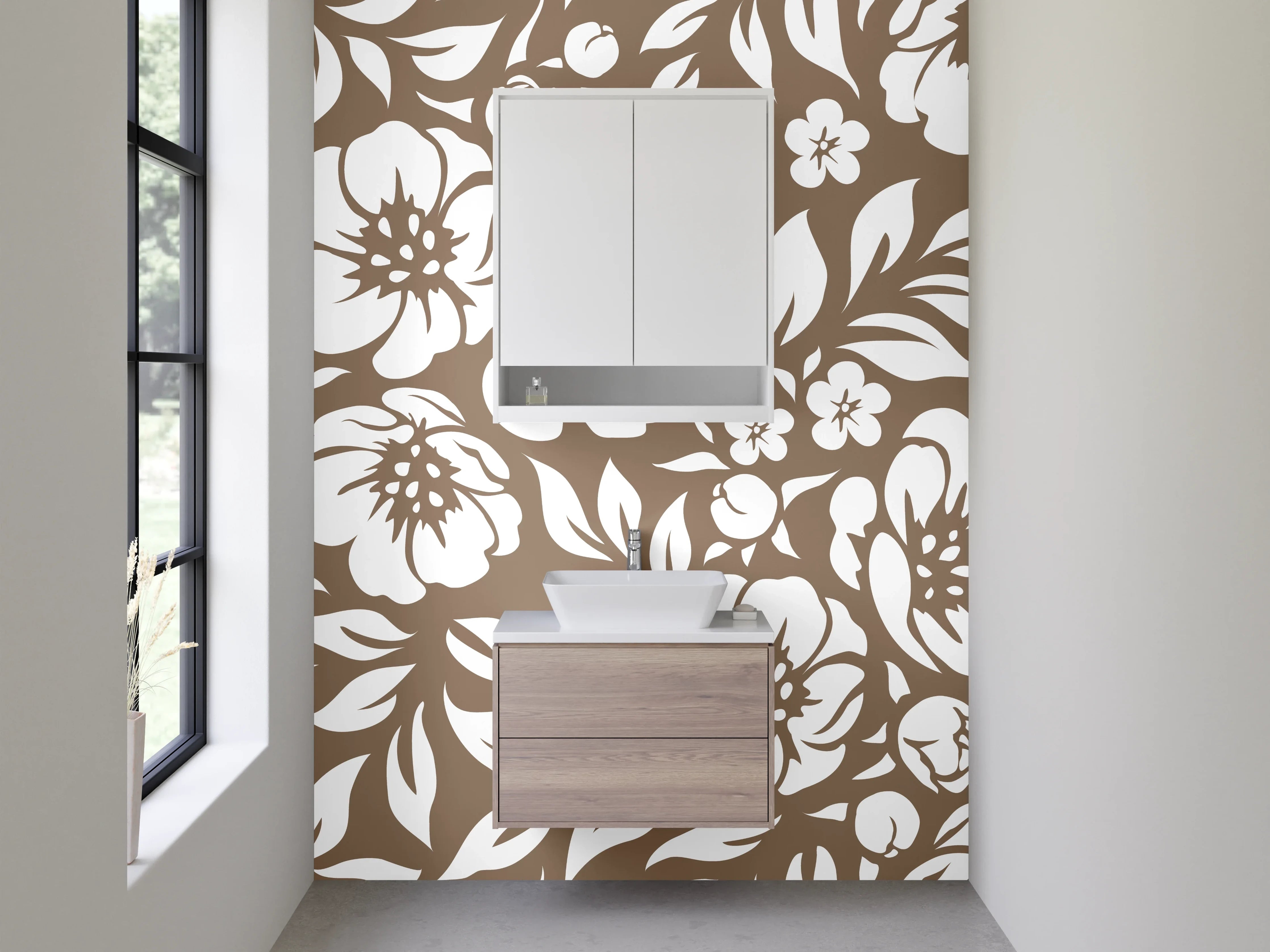 Waschbecken-Rückwand - Florales Muster Braun Weiß Dekor