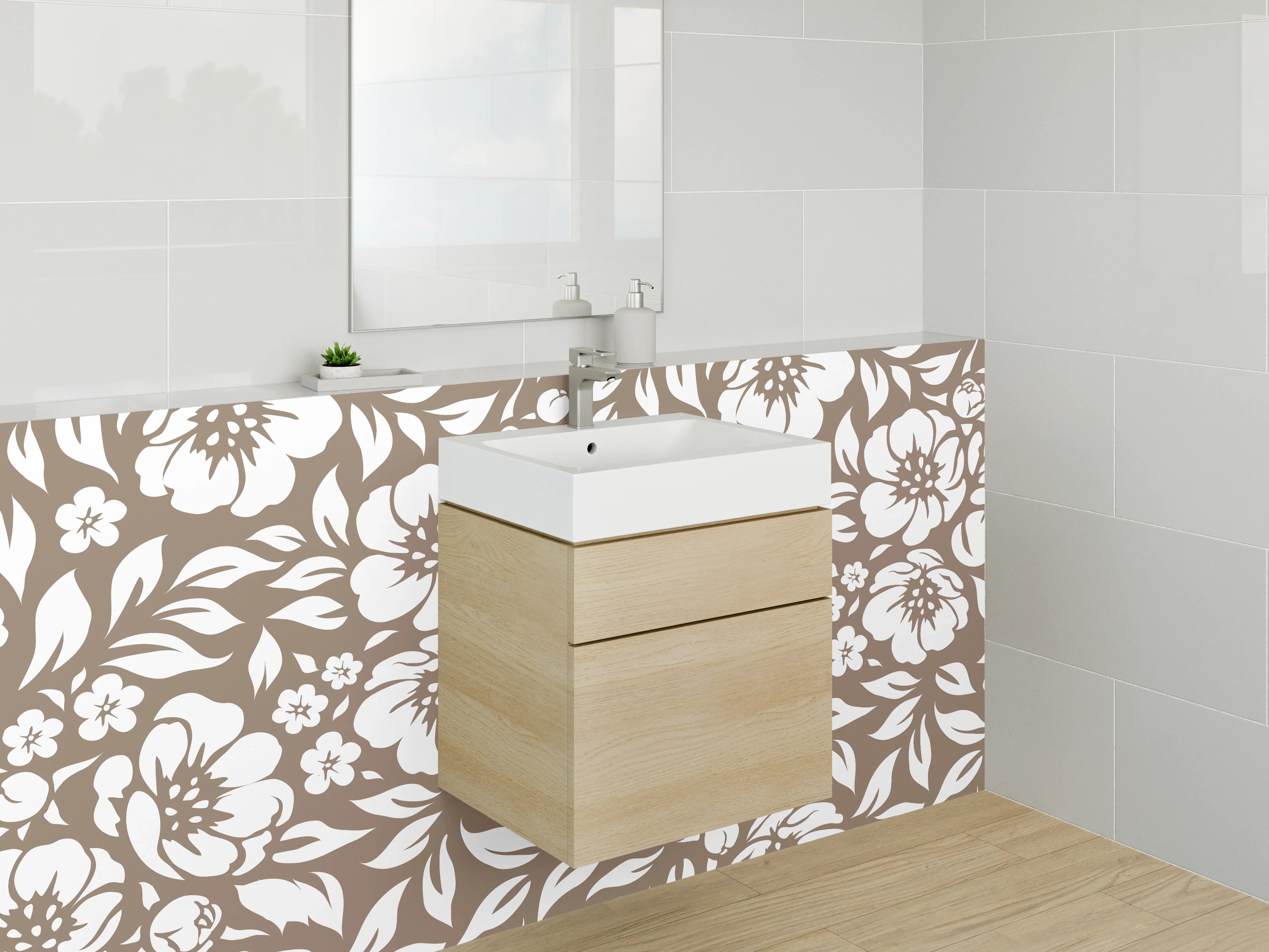 Waschbecken-Rückwand - Florales Muster Braun Weiß Dekor
