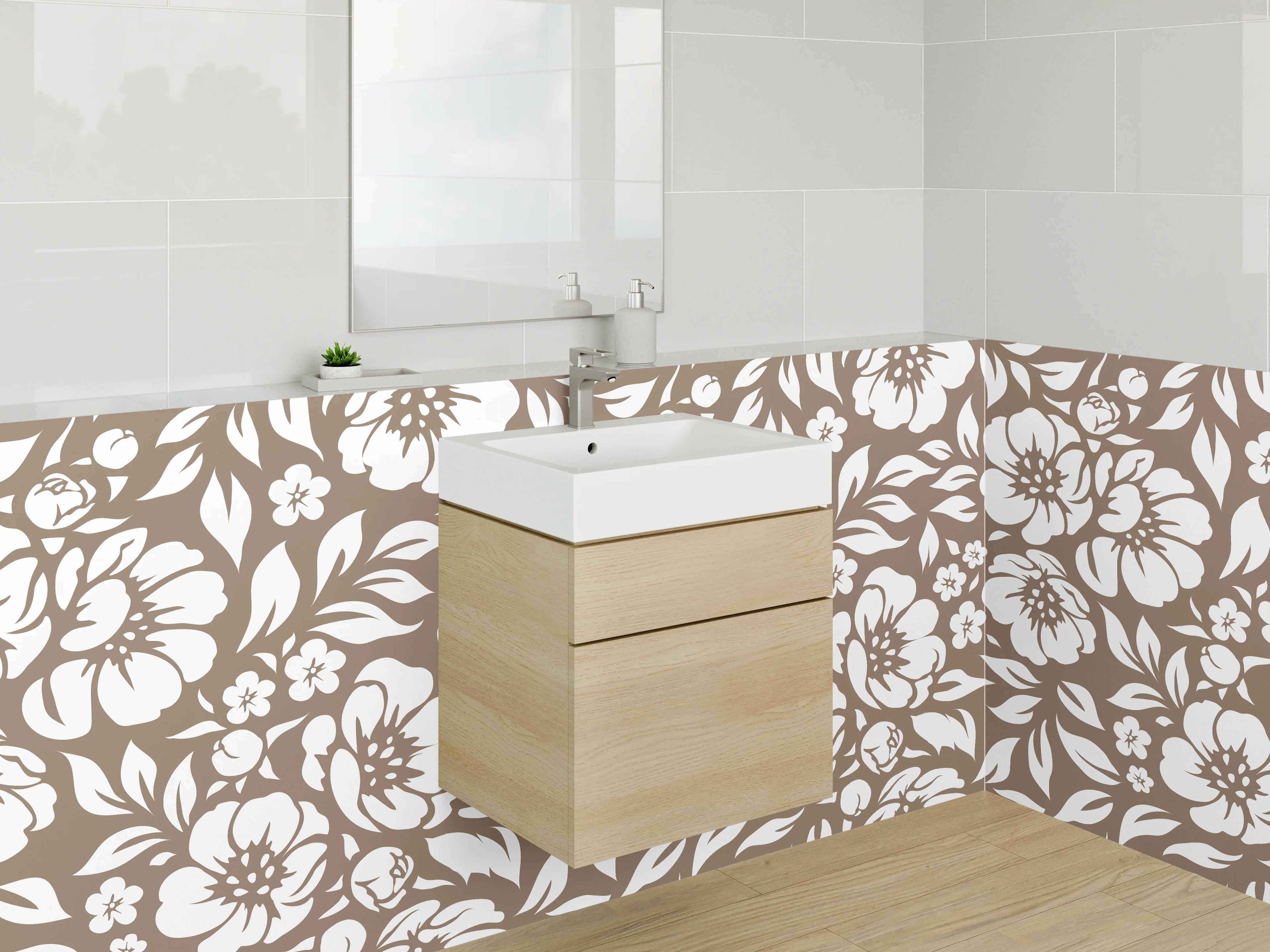 Waschbecken-Rückwand - Florales Muster Braun Weiß Dekor