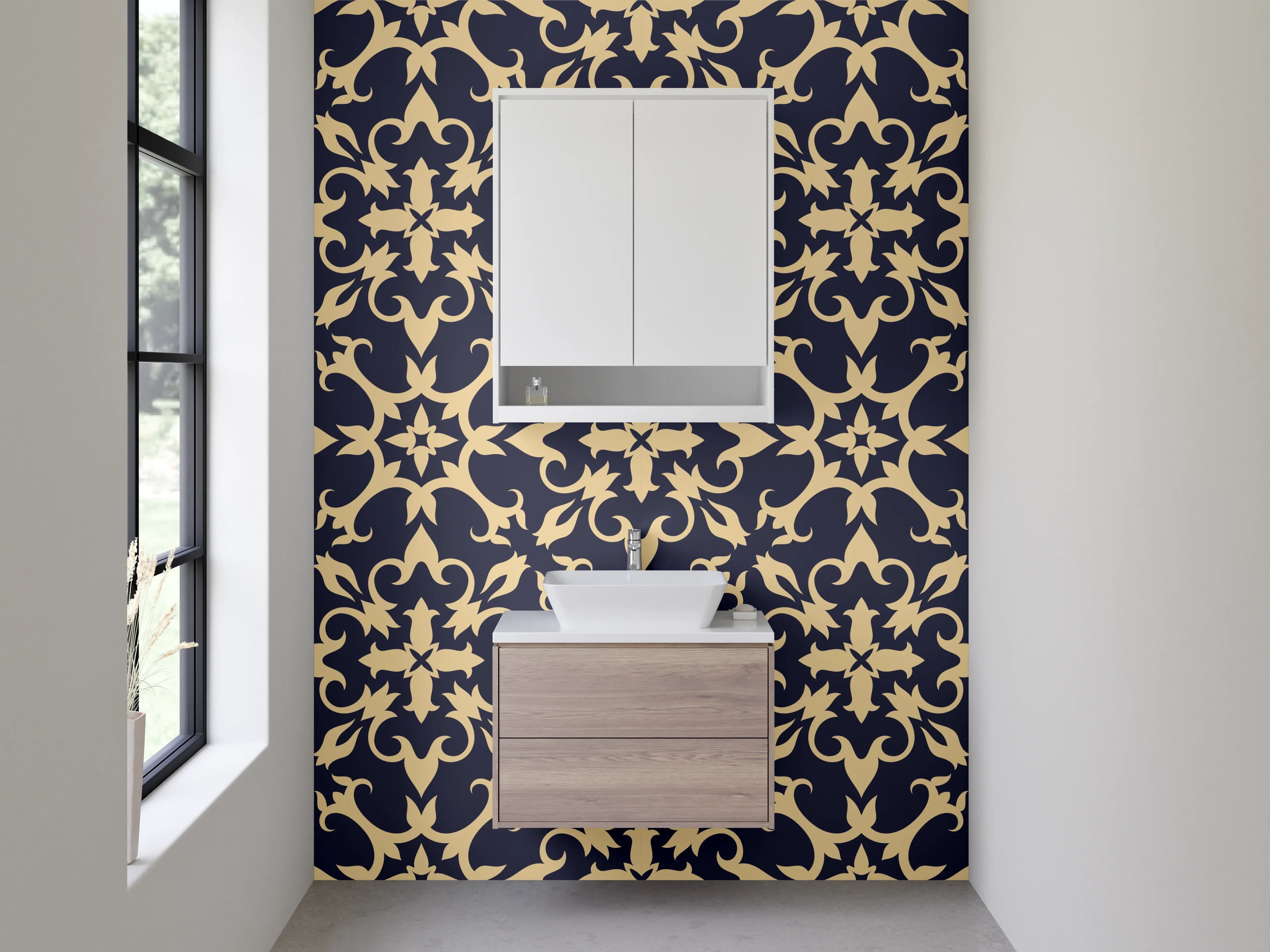 Waschbecken-Rückwand - Florales Muster Dunkelblau Beige