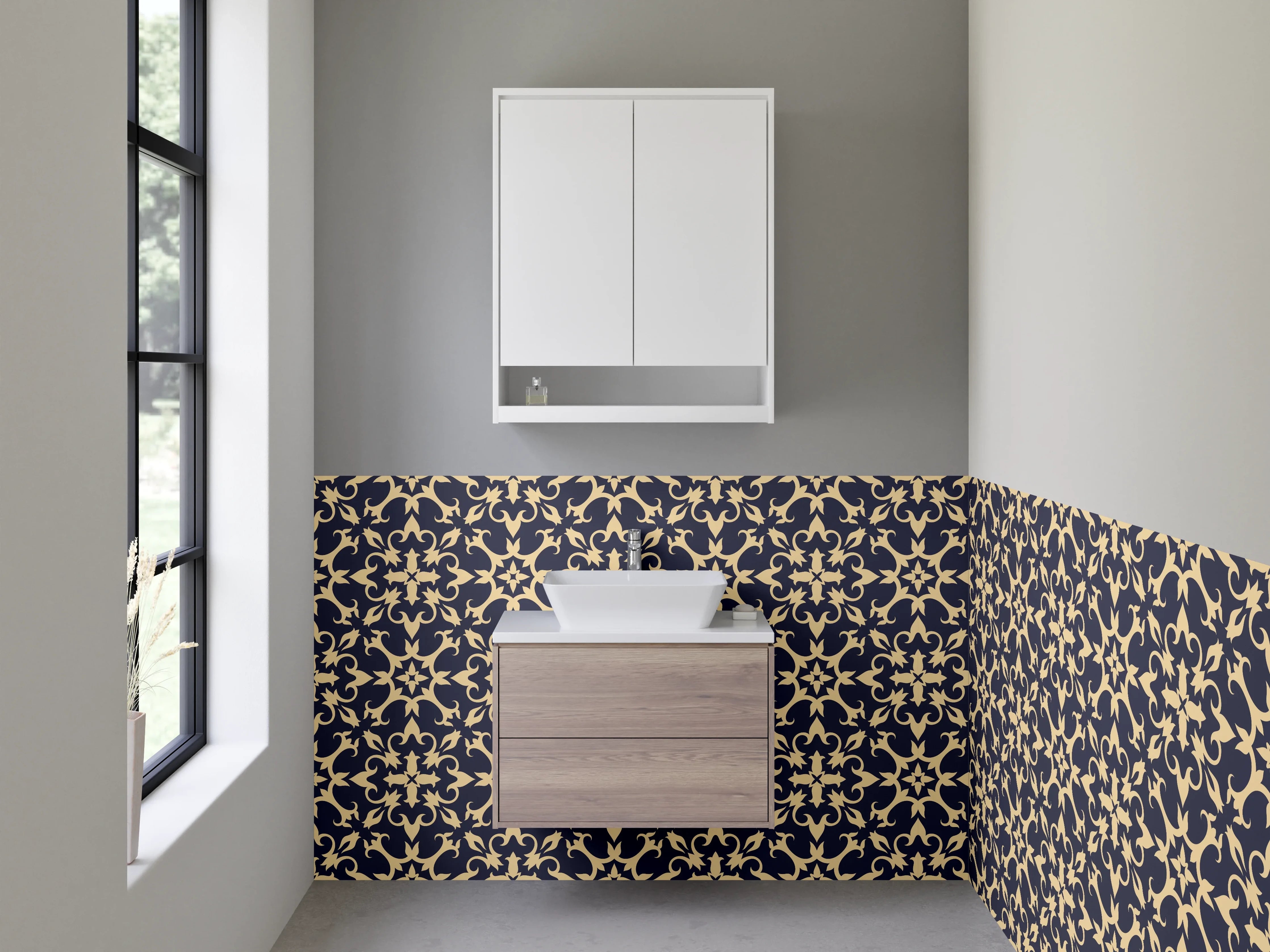 Waschbecken-Rückwand - Florales Muster Dunkelblau Beige