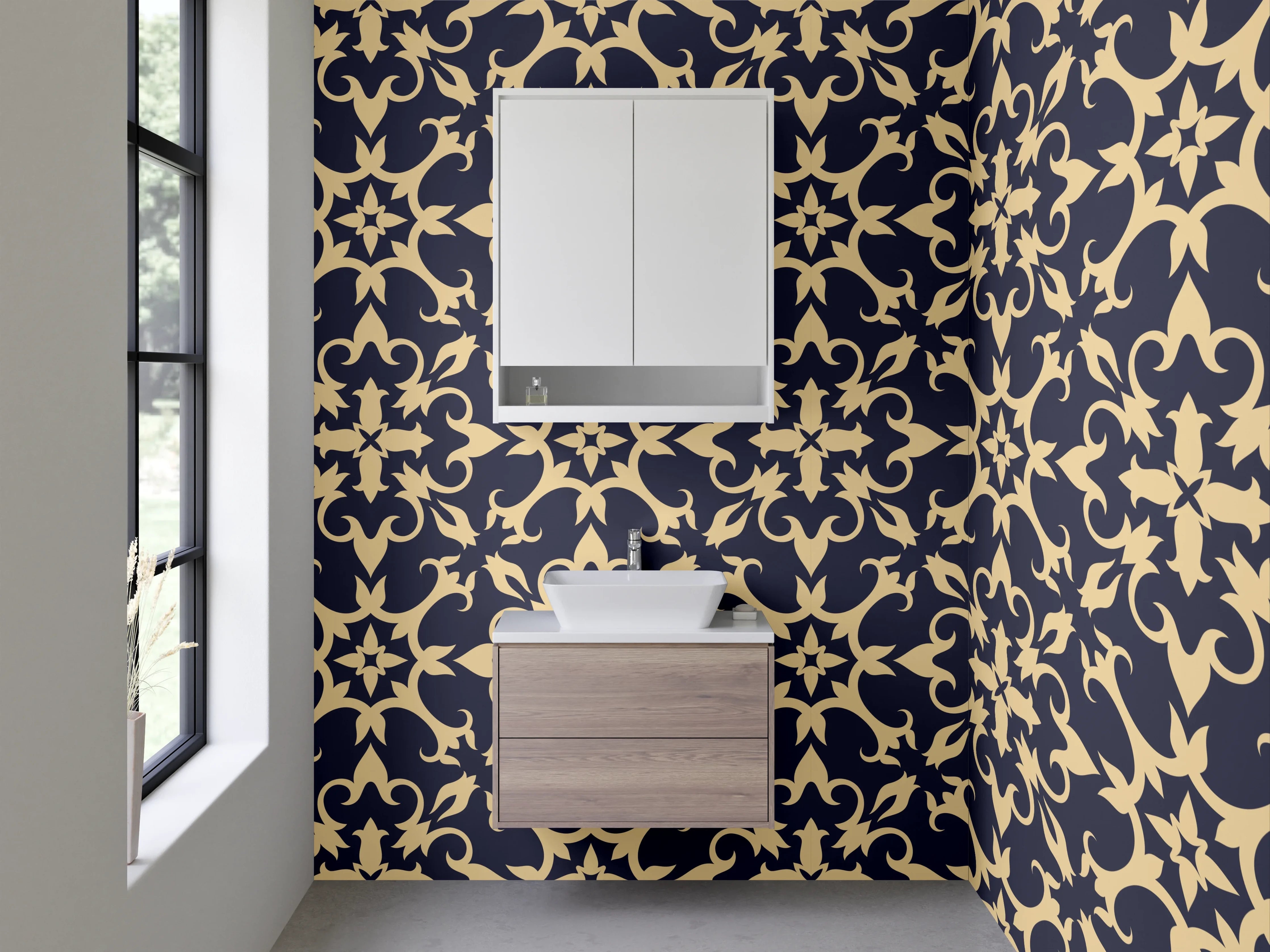 Waschbecken-Rückwand - Florales Muster Dunkelblau Beige
