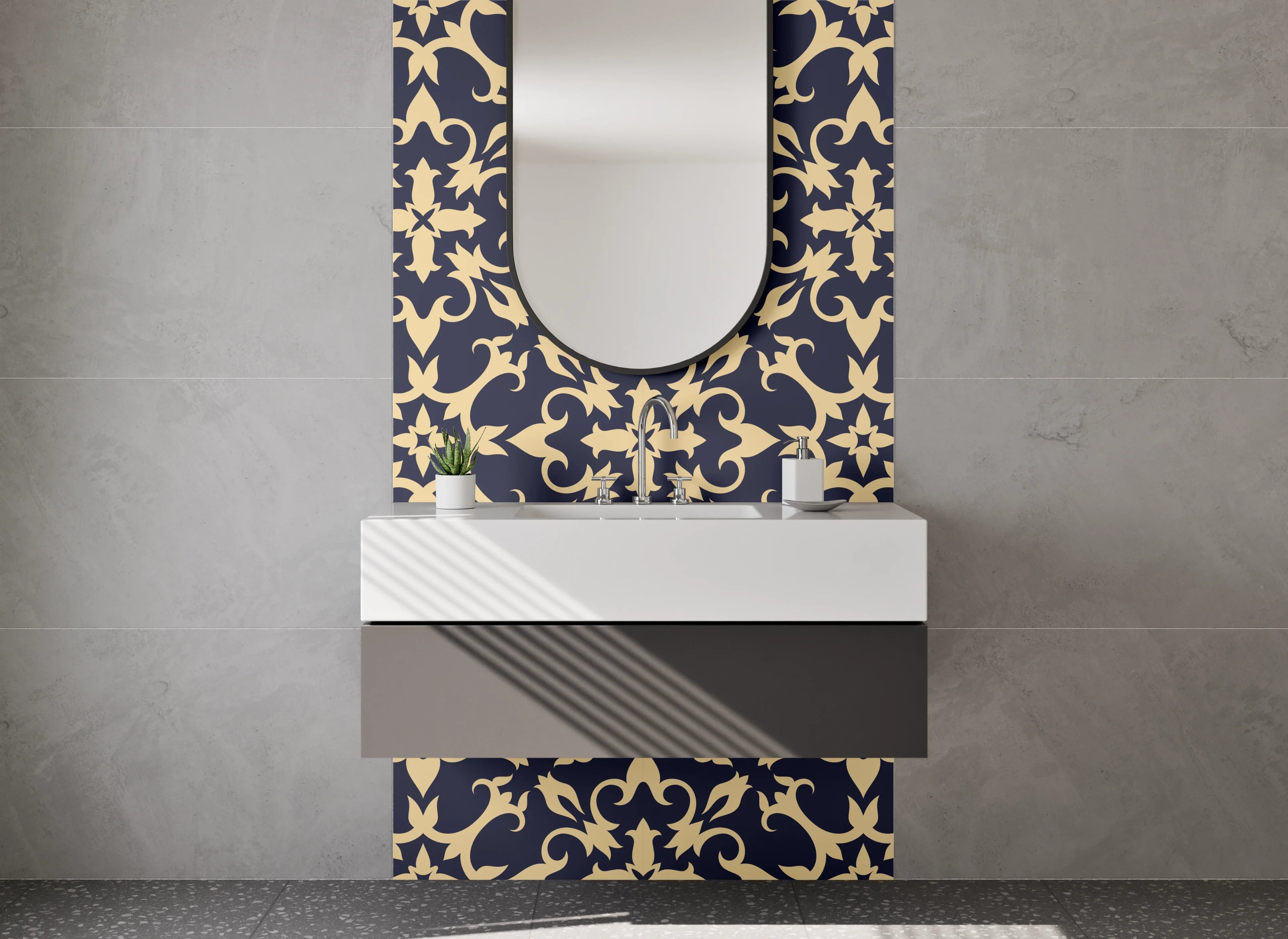 Waschbecken-Rückwand - Florales Muster Dunkelblau Beige