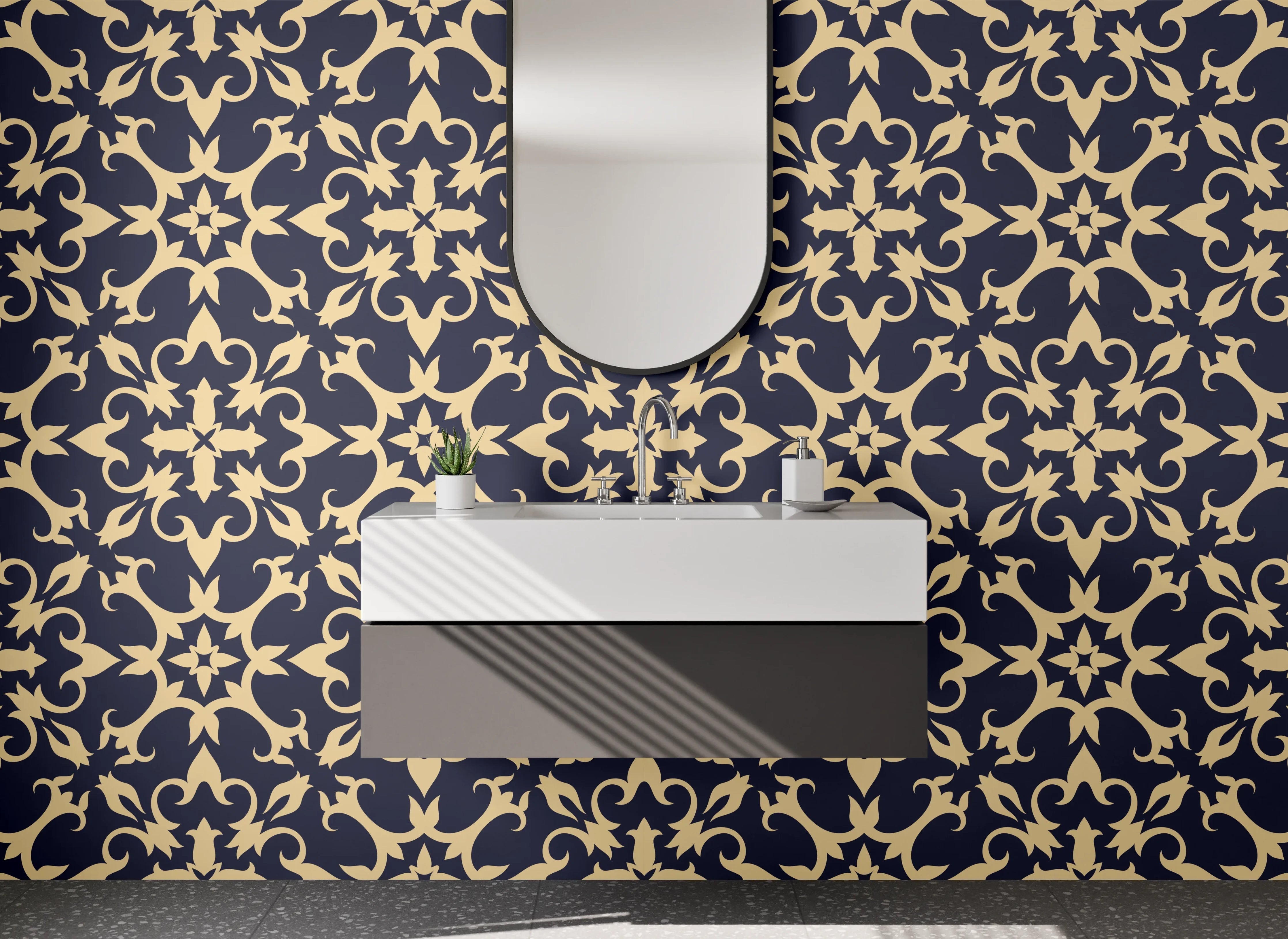 Waschbecken-Rückwand - Florales Muster Dunkelblau Beige