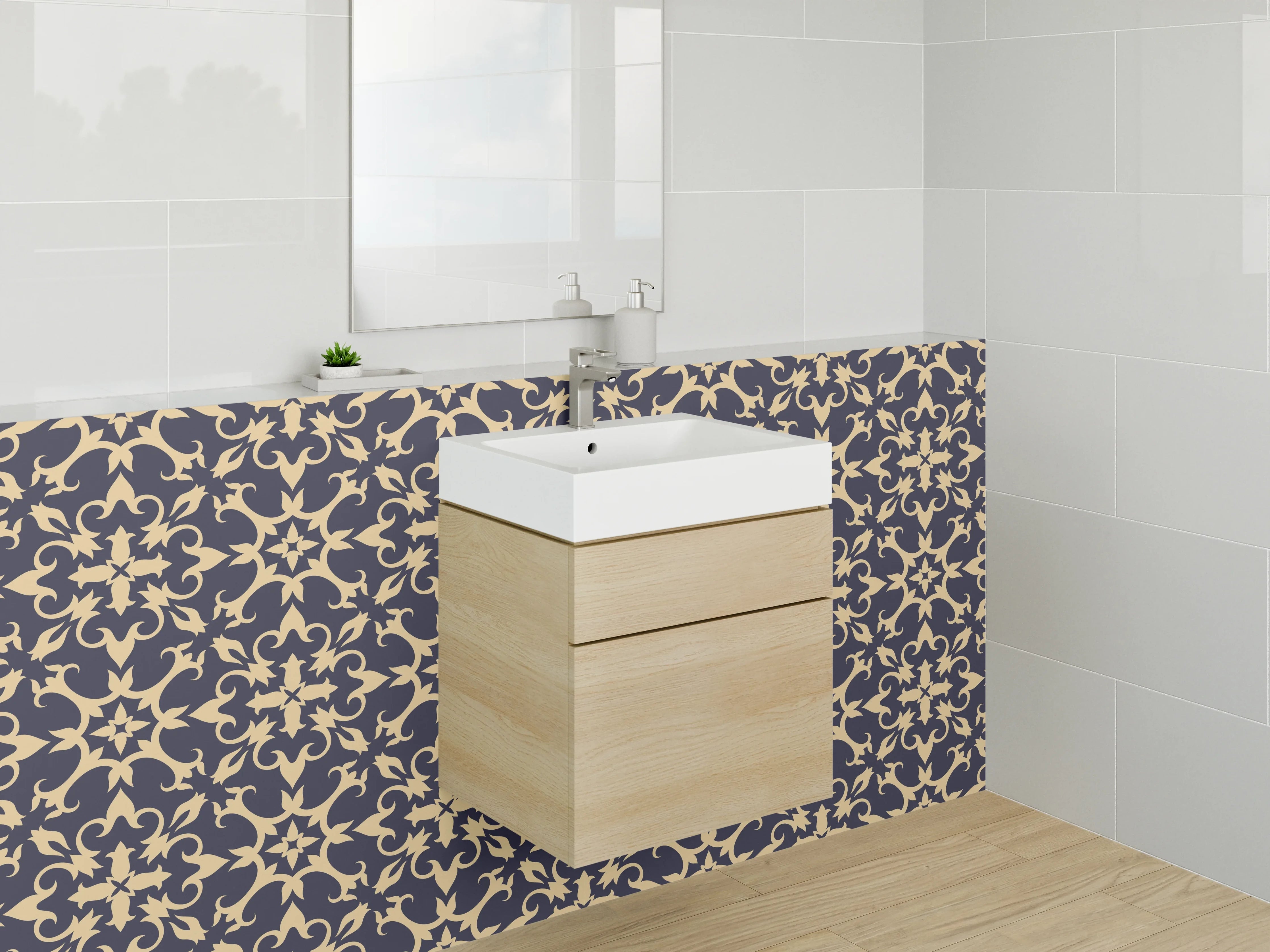 Waschbecken-Rückwand - Florales Muster Dunkelblau Beige