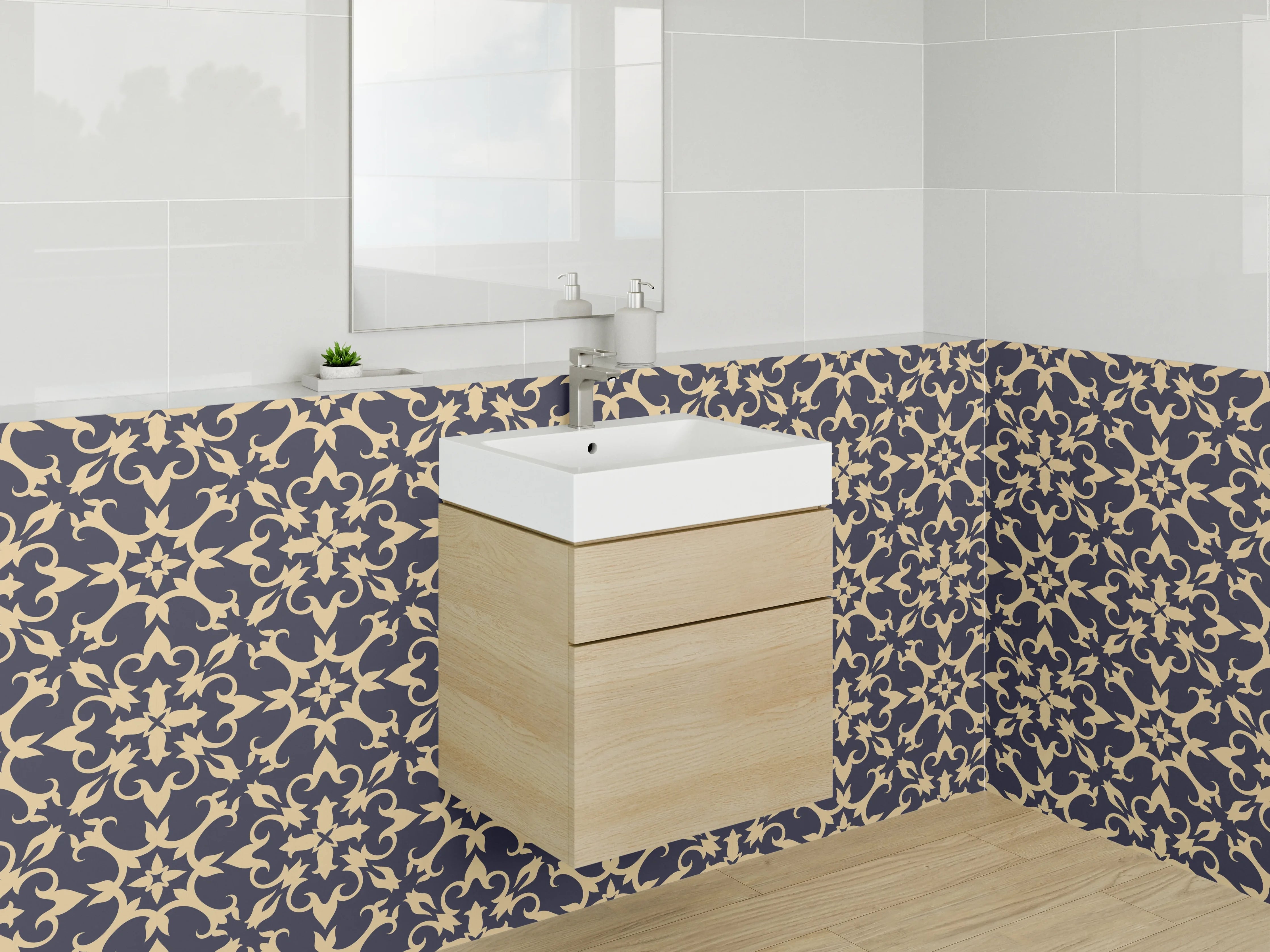 Waschbecken-Rückwand - Florales Muster Dunkelblau Beige