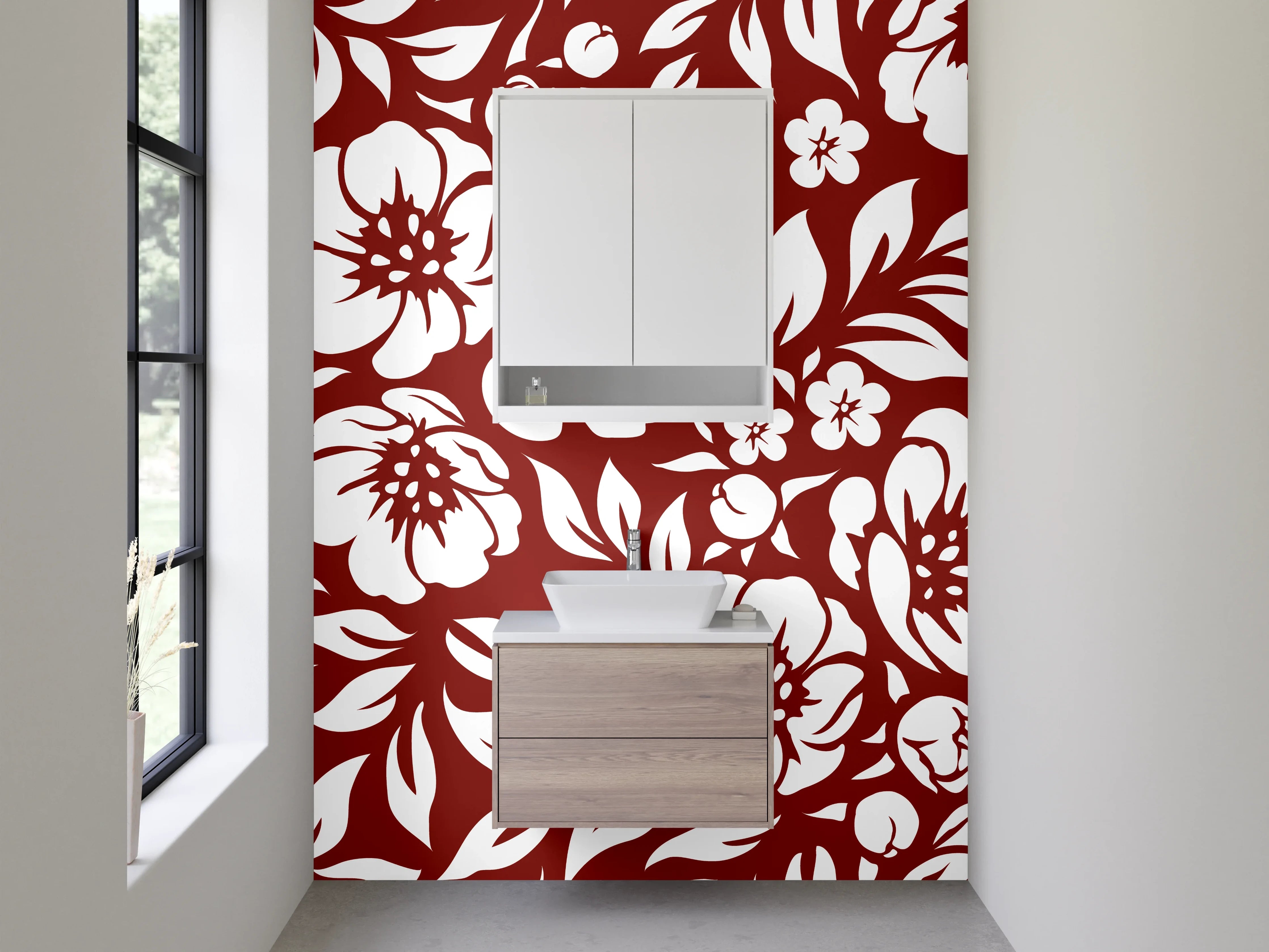 Waschbecken-Rückwand - Florales Muster Rot Weiß