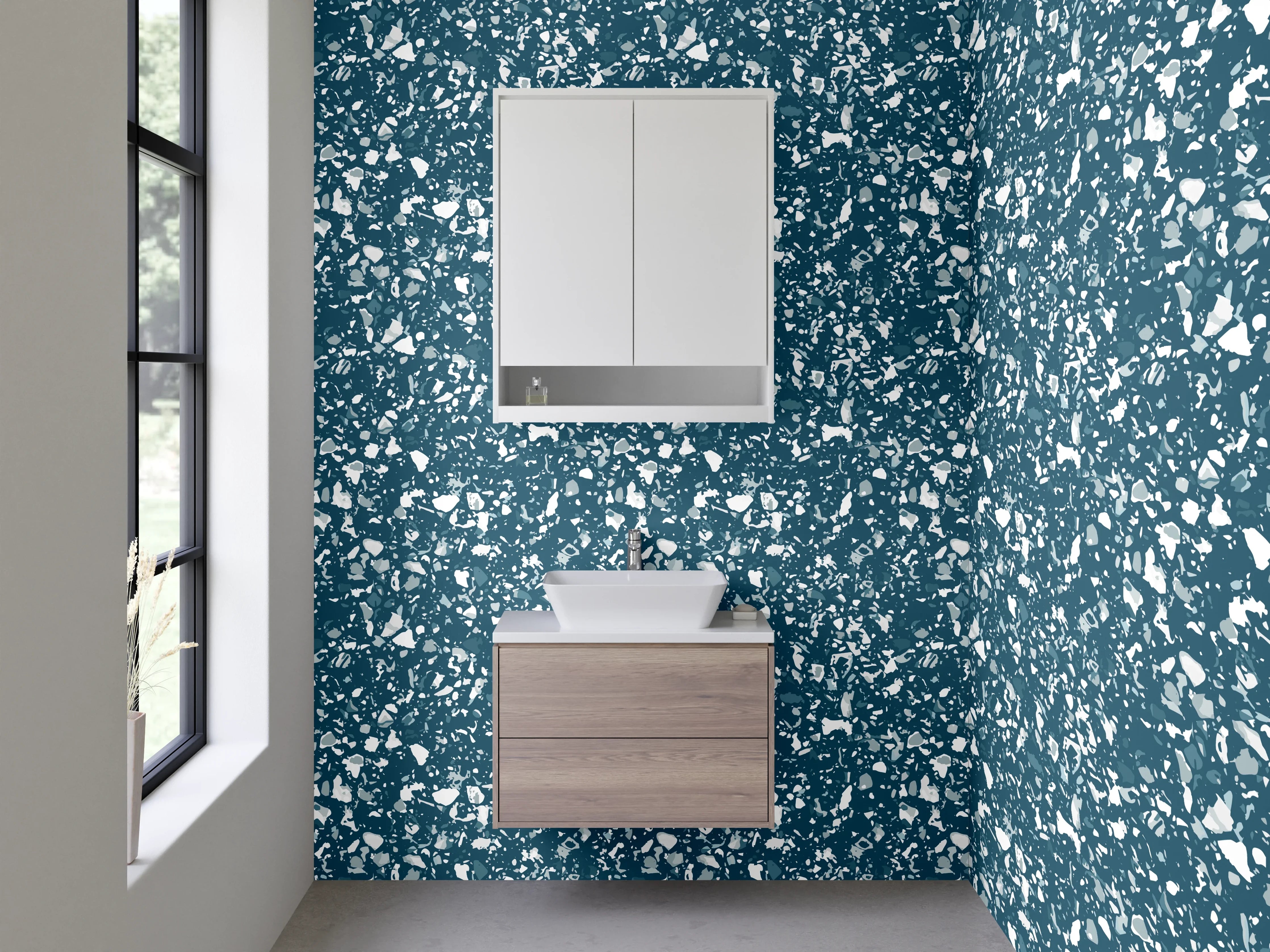 Waschbecken-Rückwand - Florales Muster in Blau – Fliesenoptik