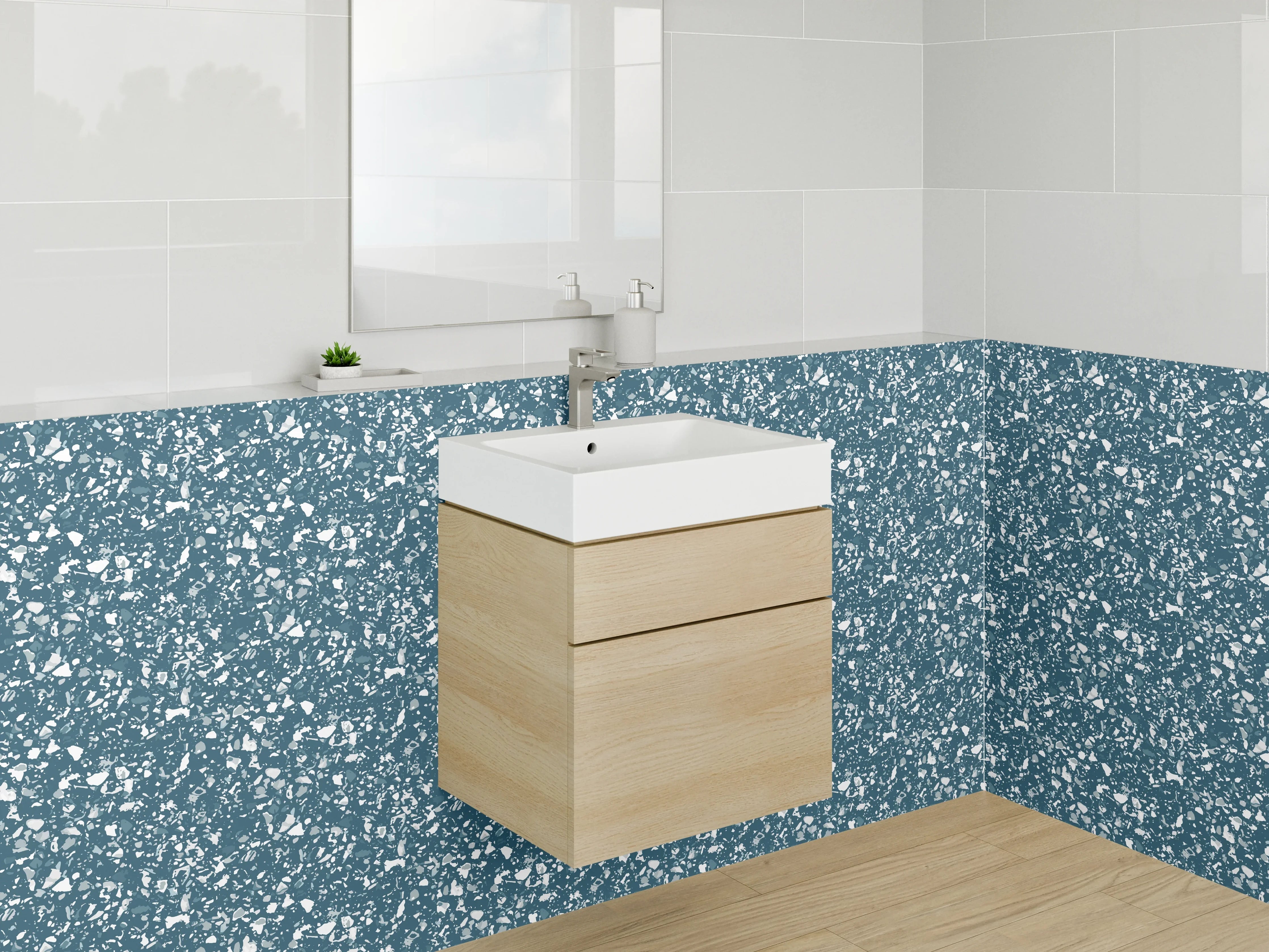 Waschbecken-Rückwand - Florales Muster in Blau – Fliesenoptik