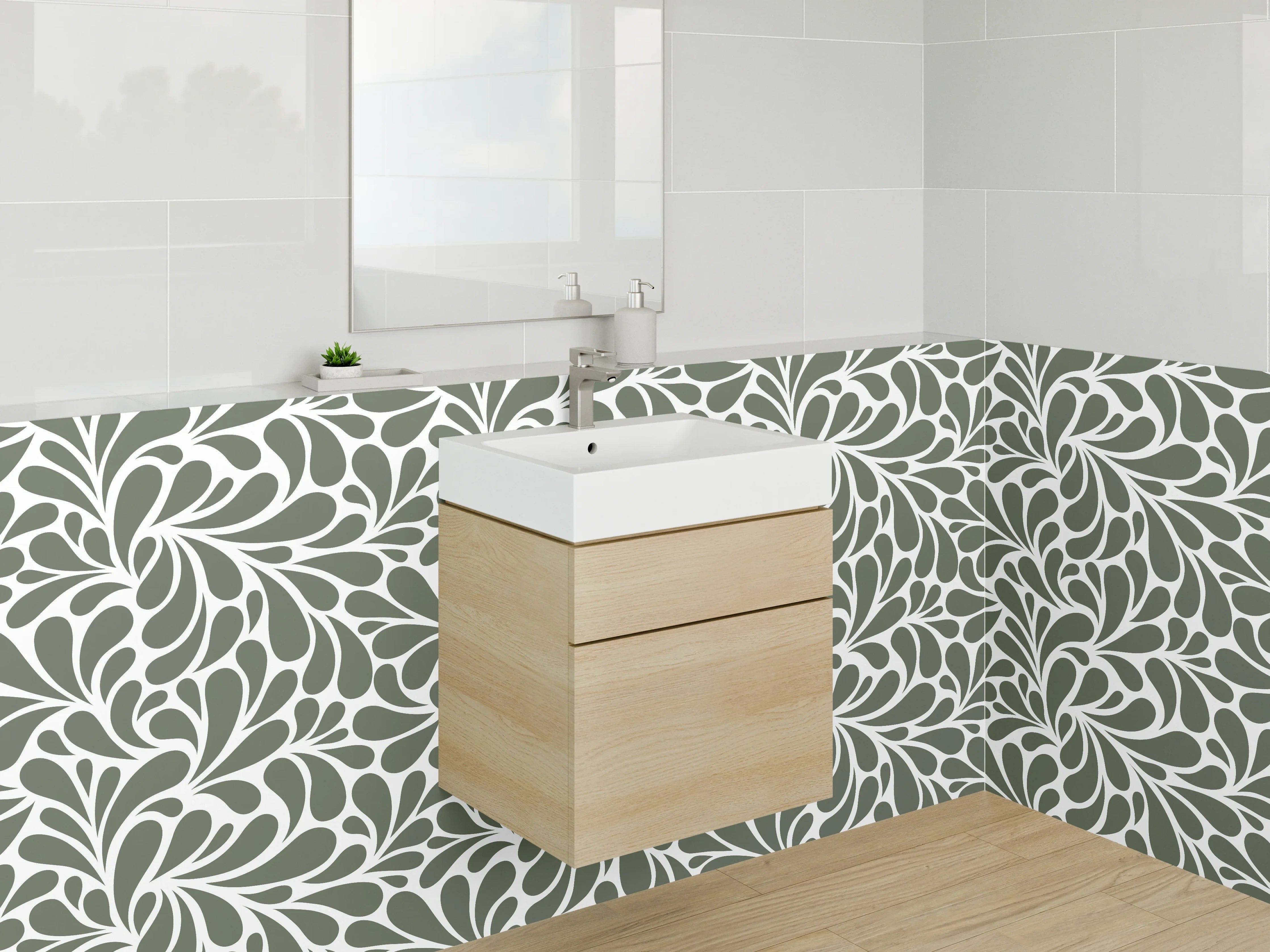 Waschbecken-Rückwand - Florales Ornament-Muster Grau Weiß