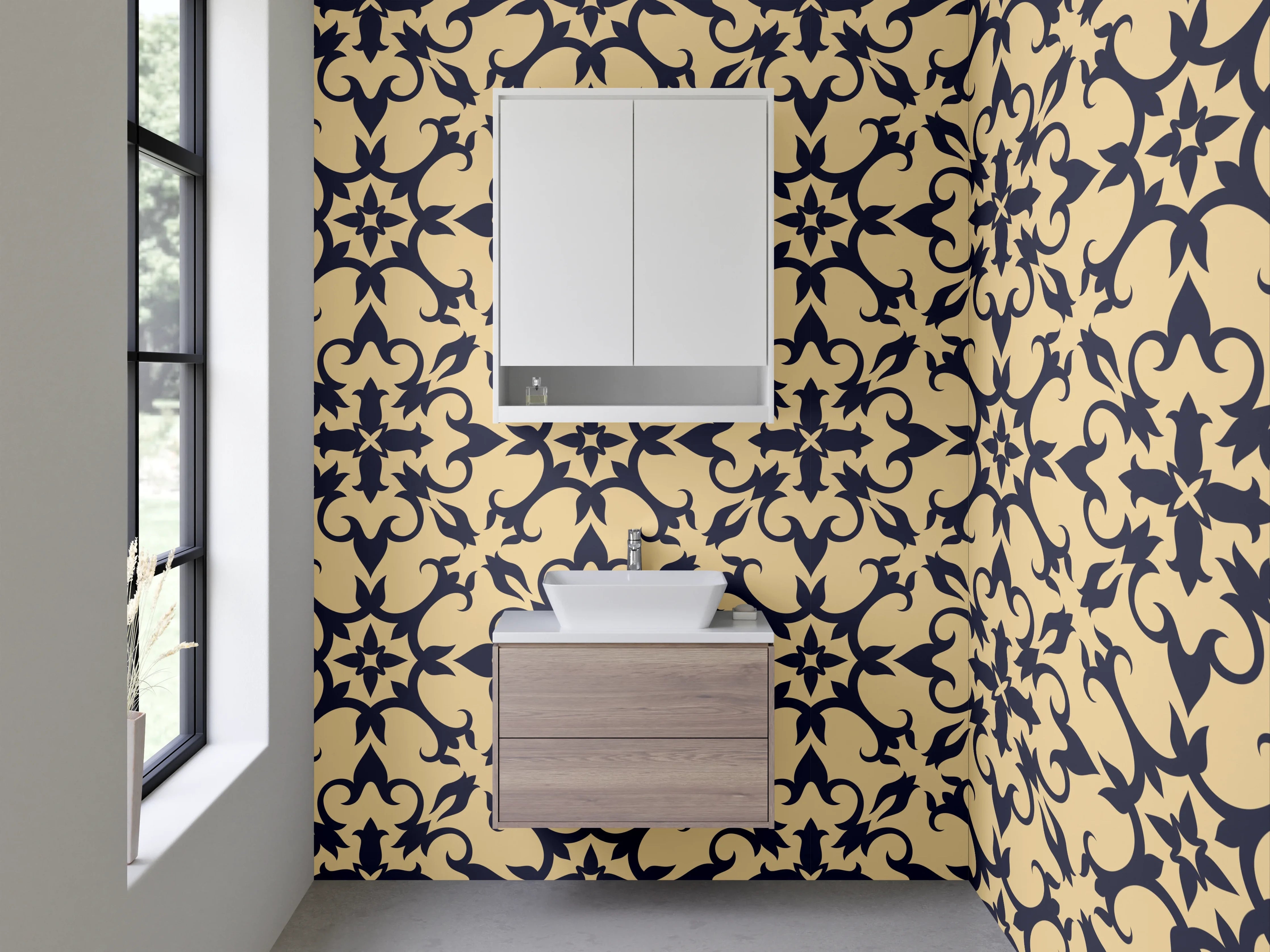 Waschbecken-Rückwand - Florales Ornament Muster Retro Beige Schwarz