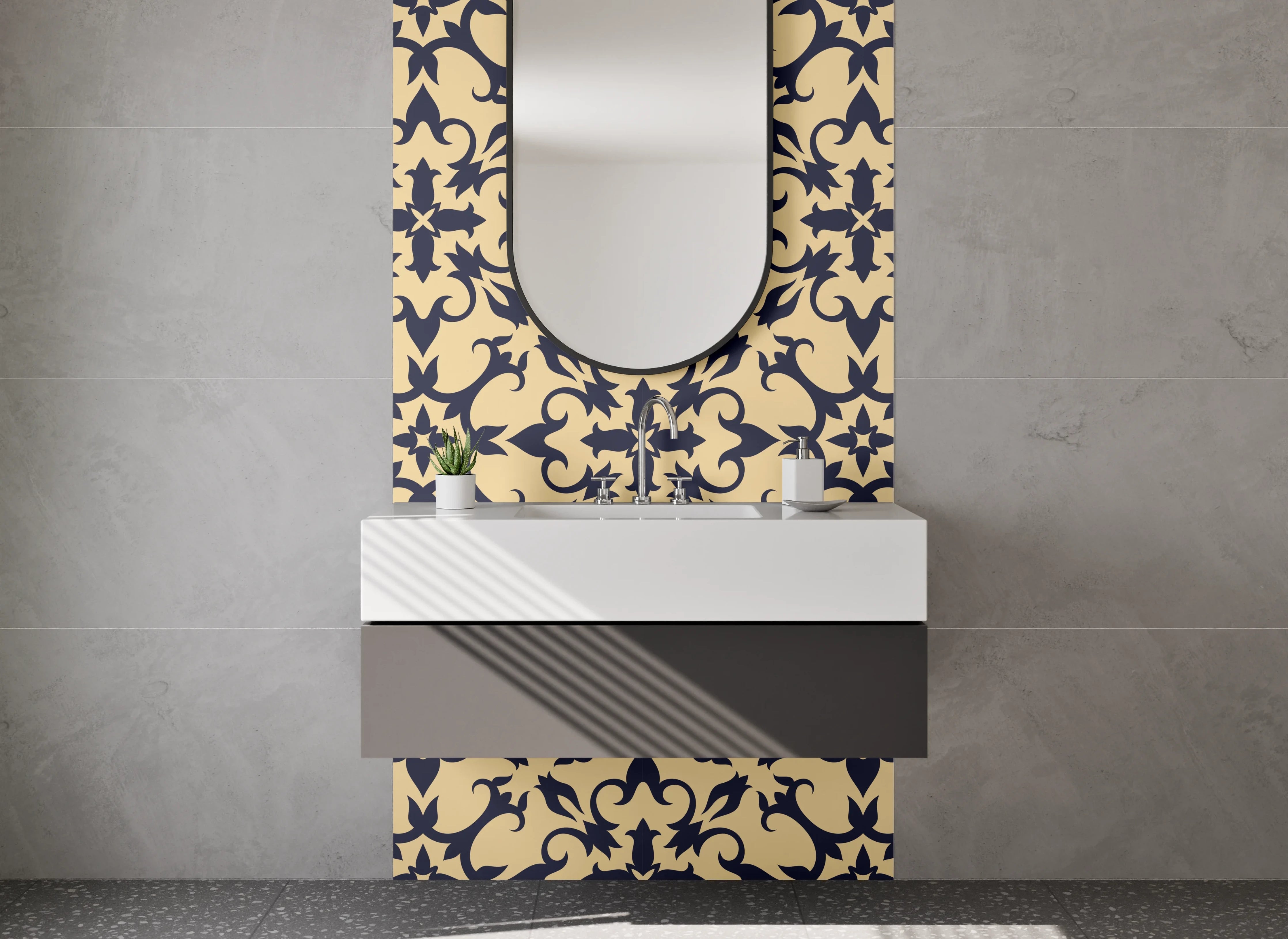 Waschbecken-Rückwand - Florales Ornament Muster Retro Beige Schwarz