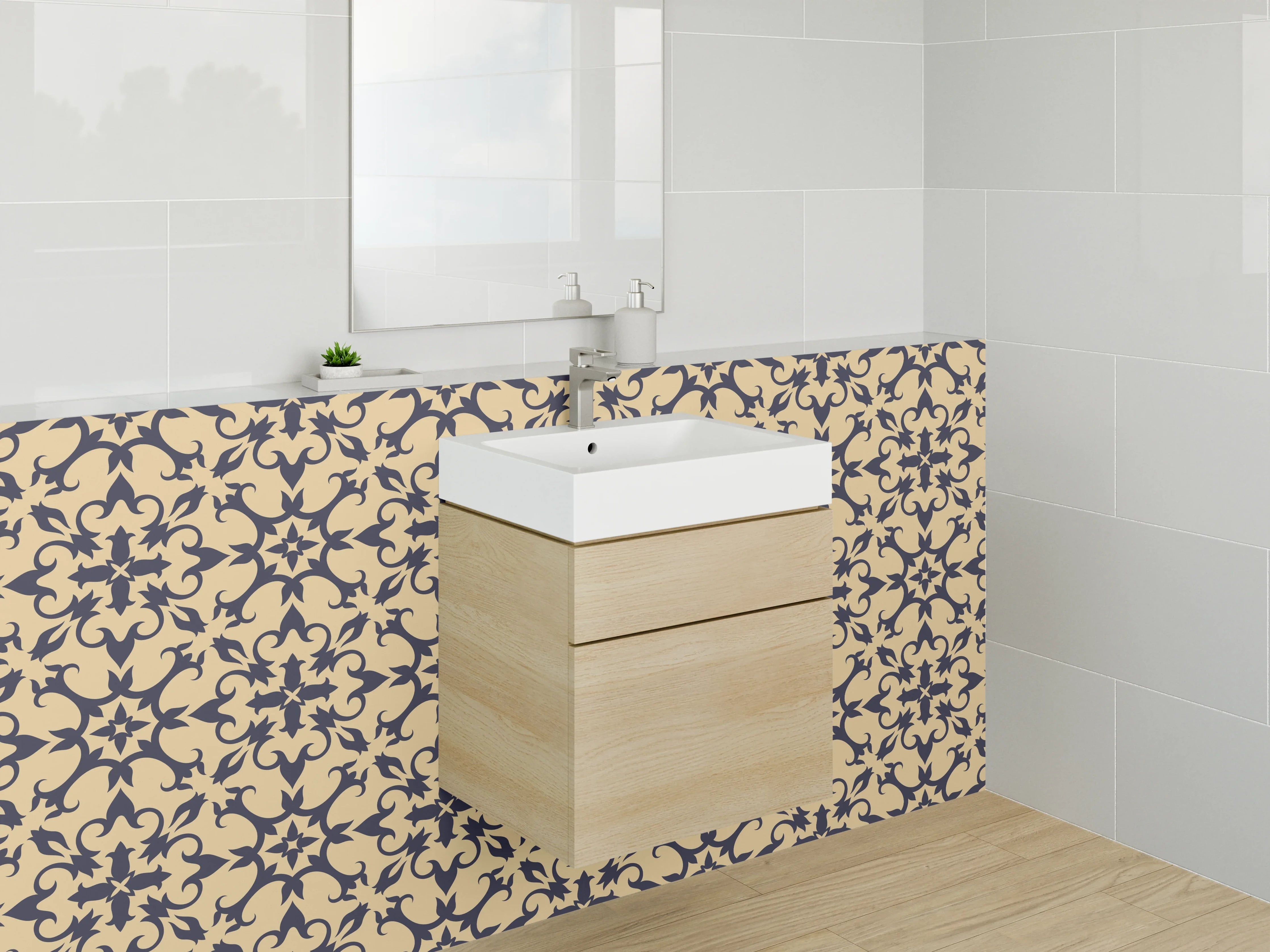Waschbecken-Rückwand - Florales Ornament Muster Retro Beige Schwarz