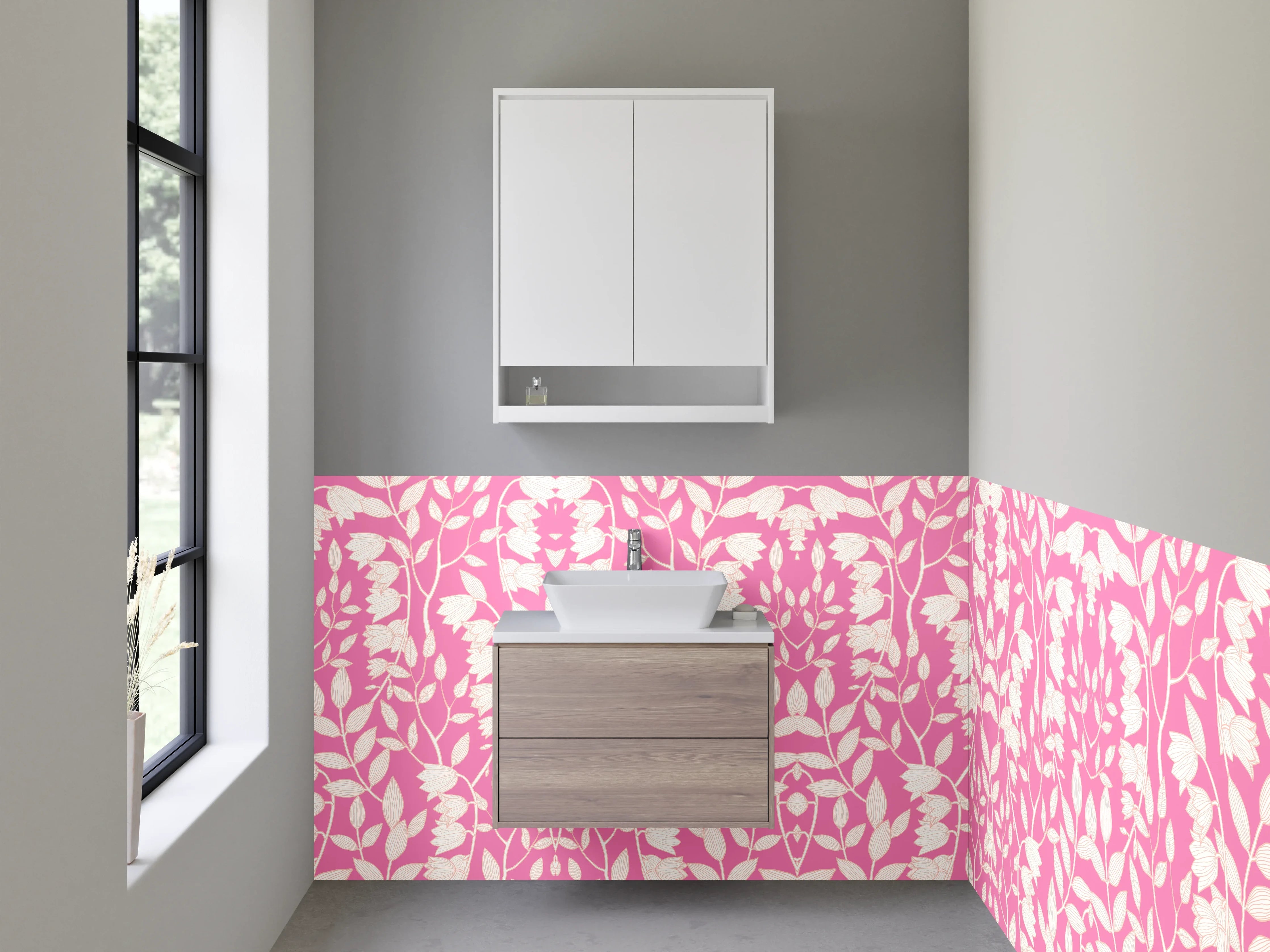 Waschbecken-Rückwand - Florales Ornament Rosa Weiß Muster