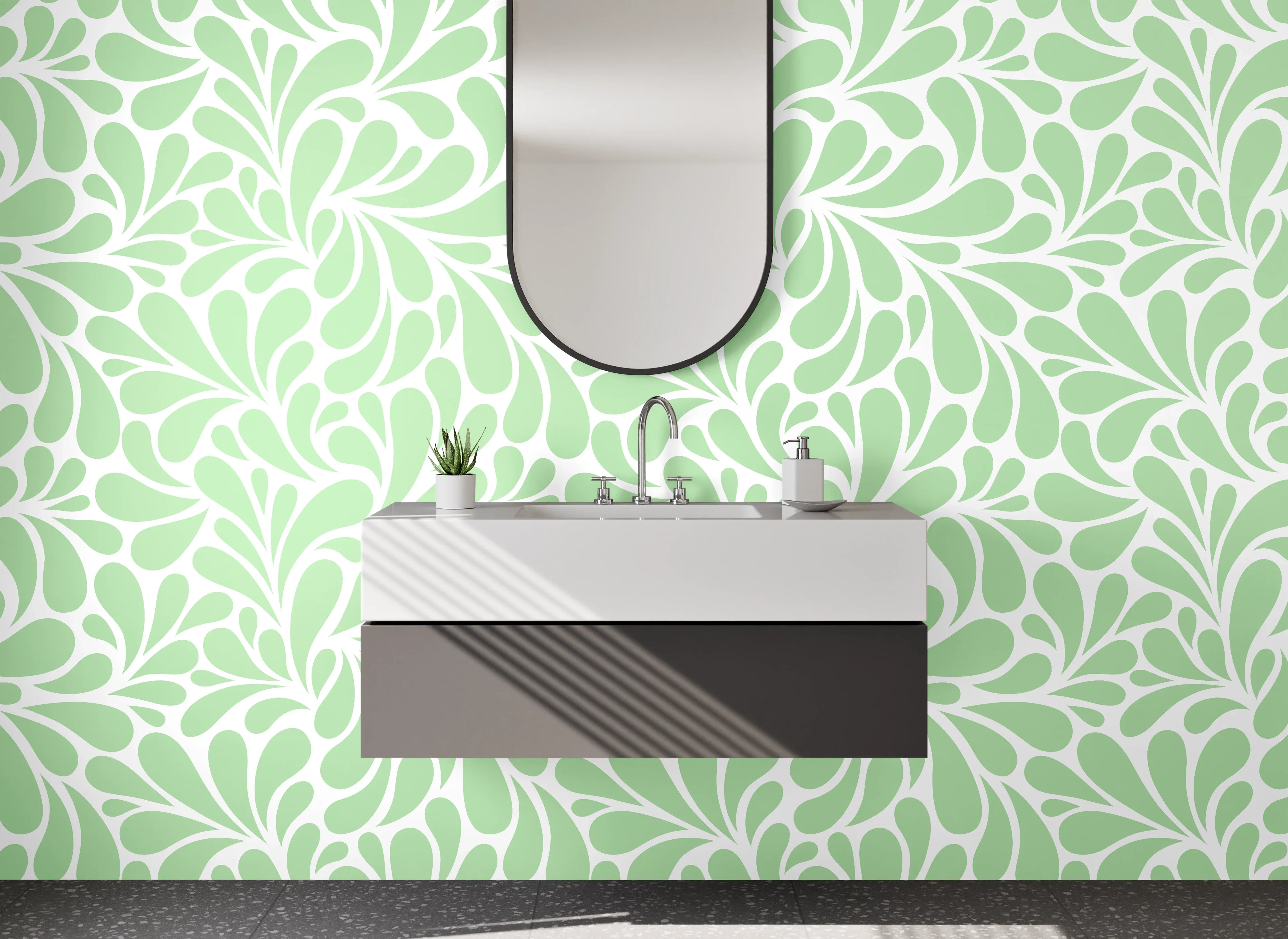 Waschbecken-Rückwand - Florales Ornamentmuster Grün Weiß