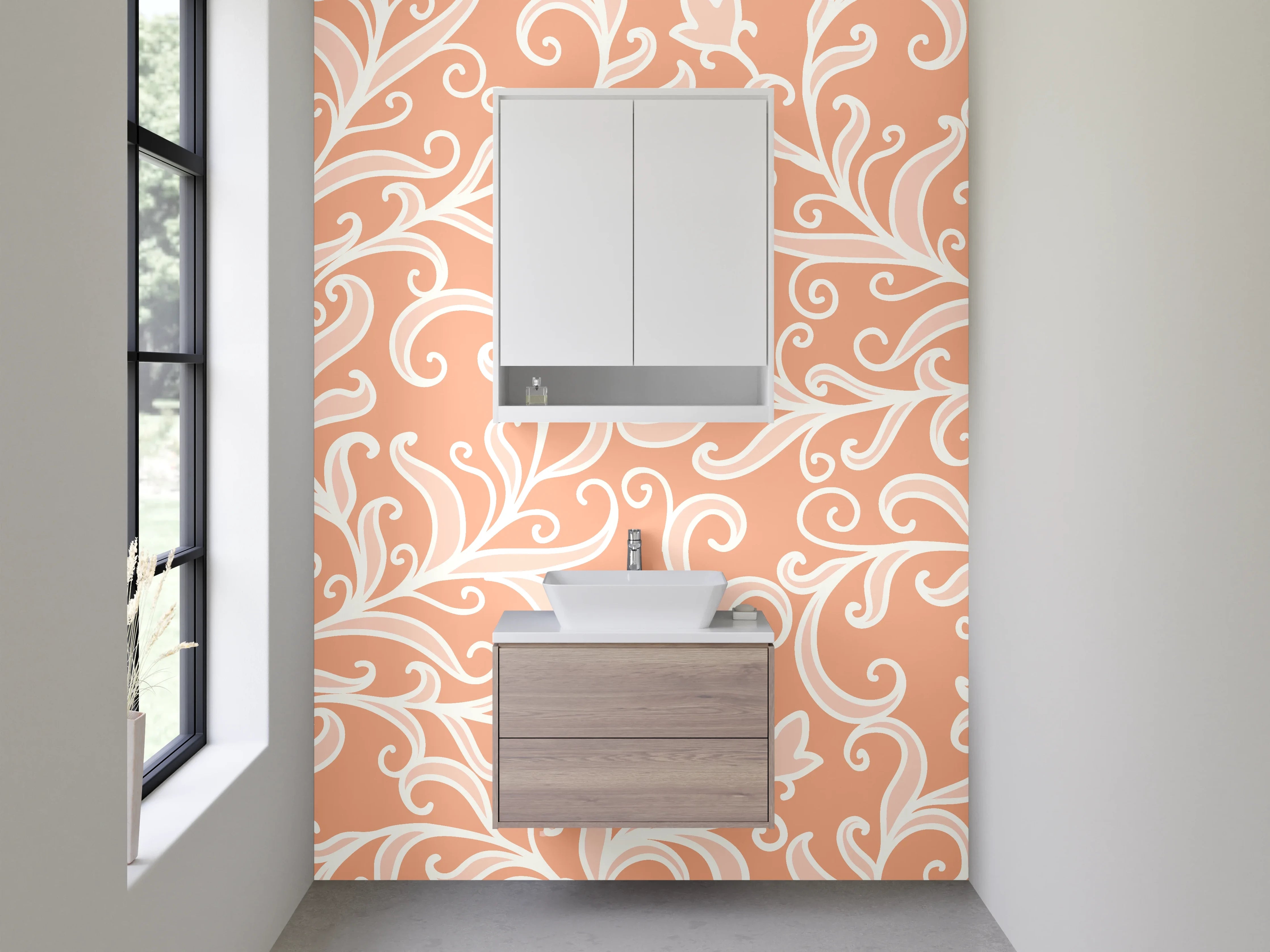 Waschbecken-Rückwand - Florales Ornamentmuster Weiß auf Apricot