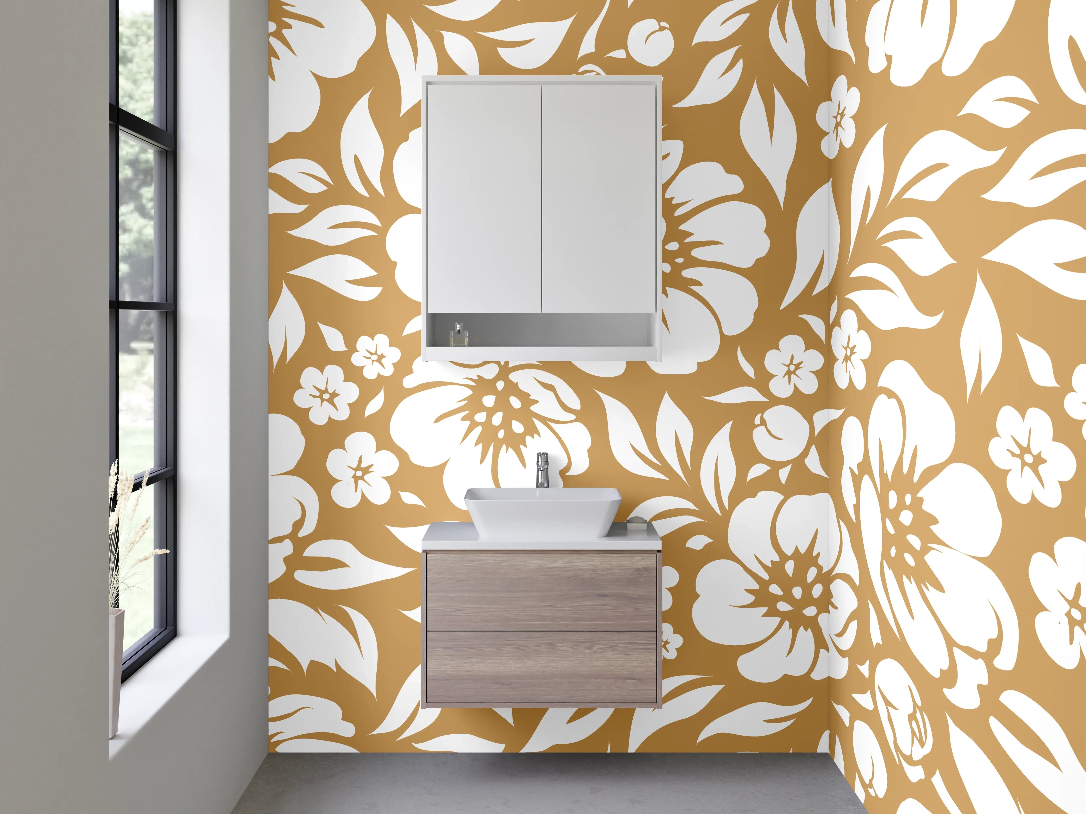 Waschbecken-Rückwand - Florales Retro-Muster Braun Weiß