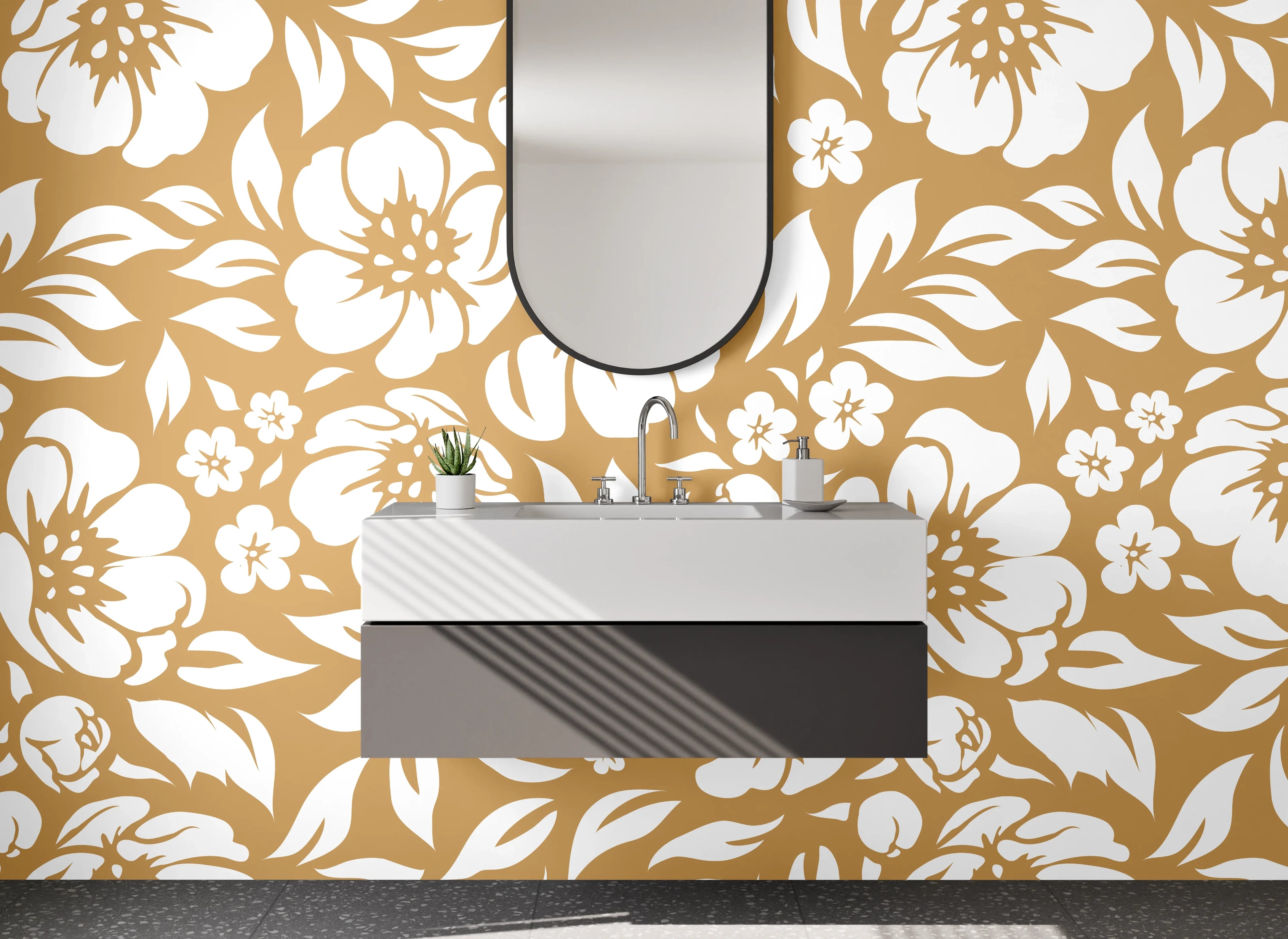 Waschbecken-Rückwand - Florales Retro-Muster Braun Weiß