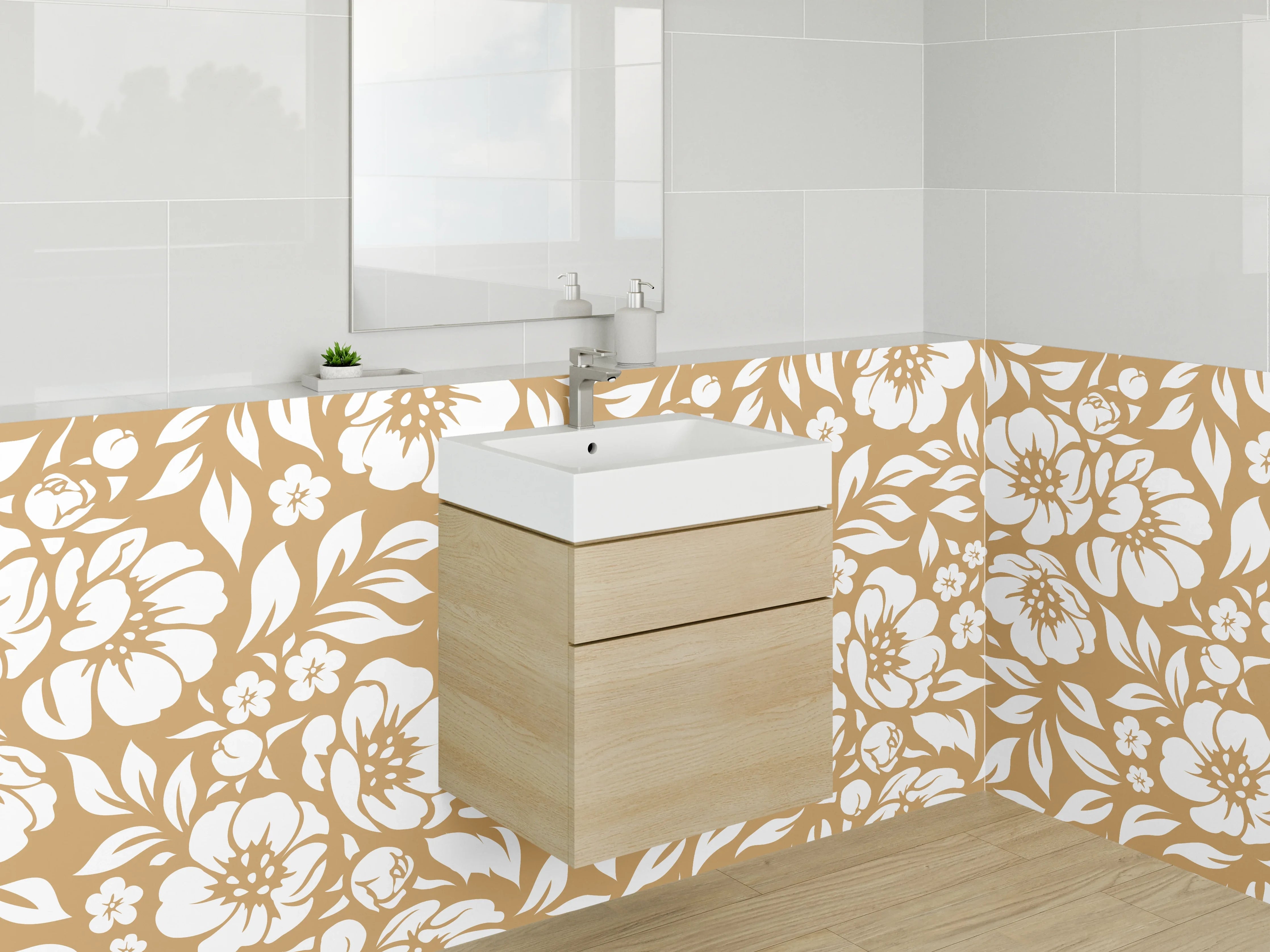 Waschbecken-Rückwand - Florales Retro-Muster Braun Weiß