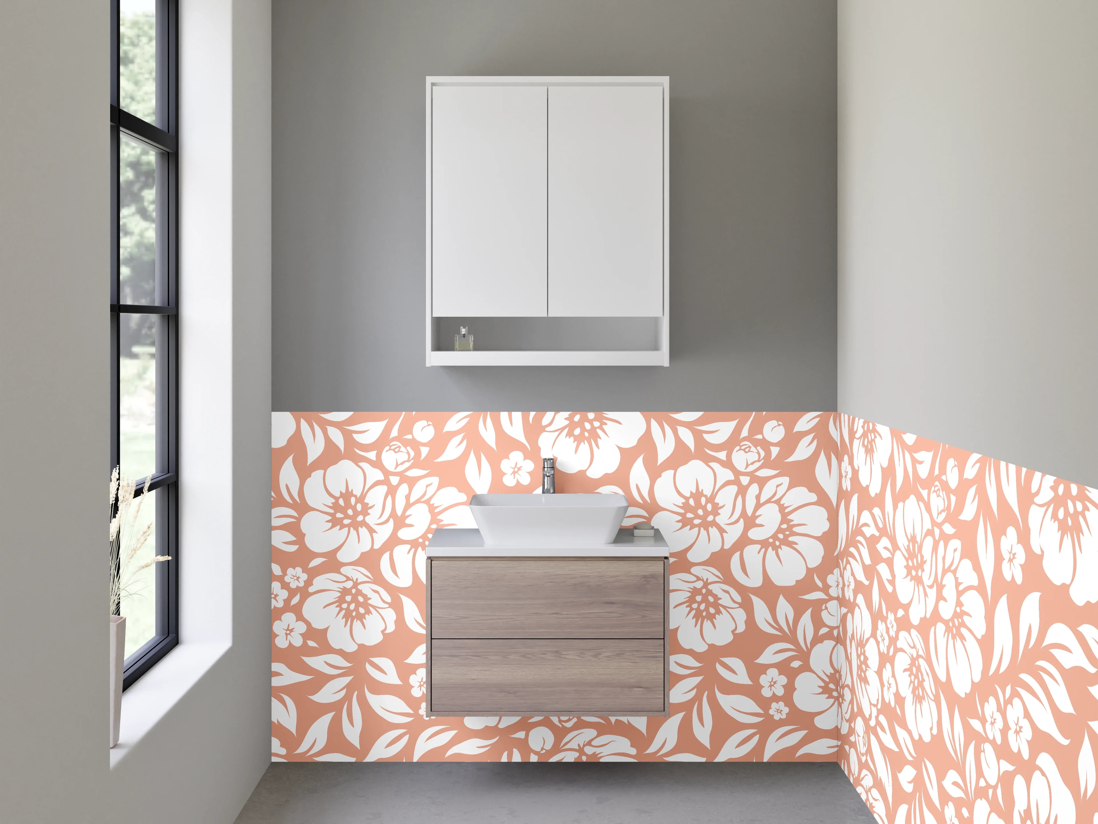 Waschbecken-Rückwand - Florales Retro Muster Orange Weiß