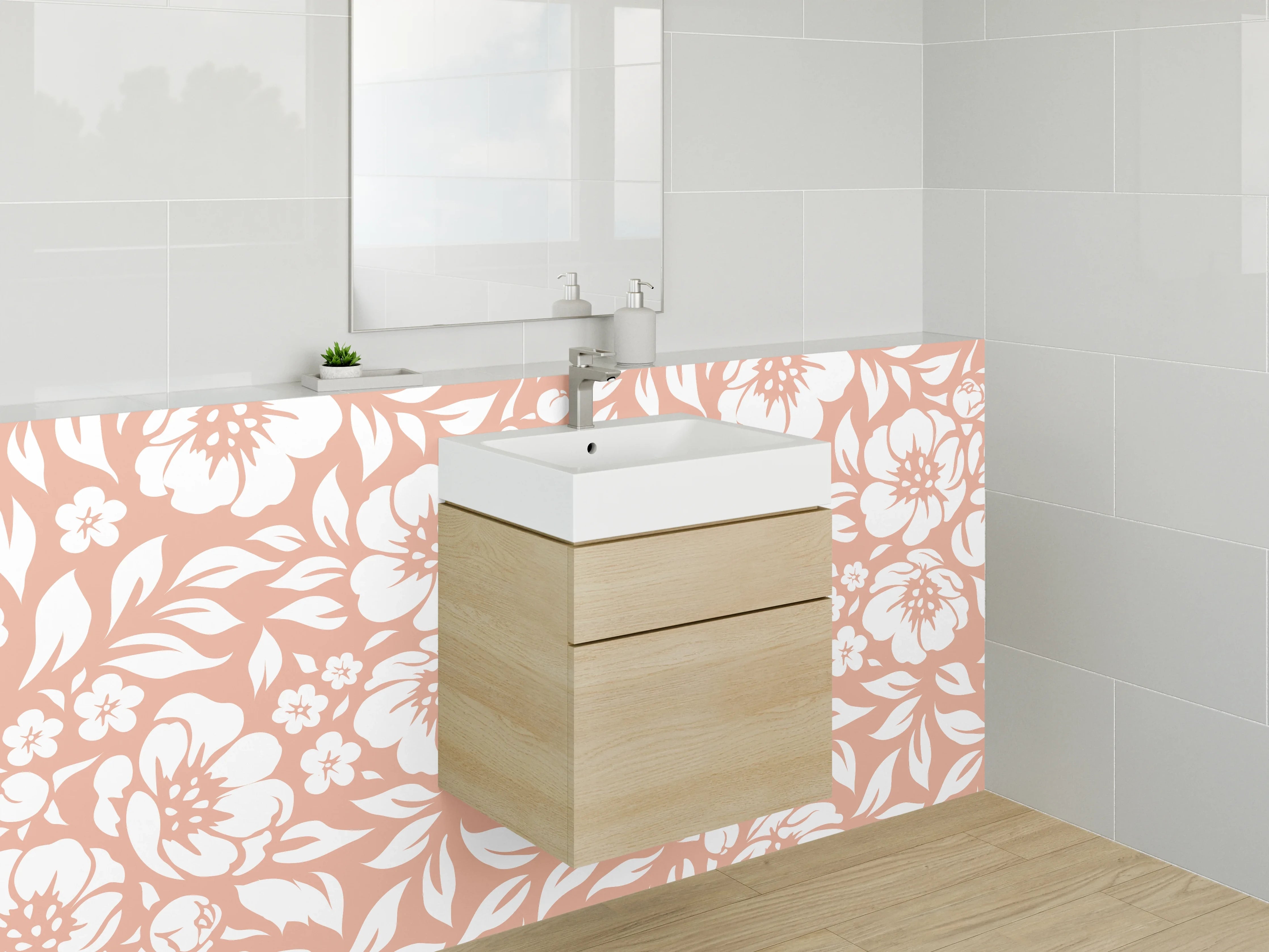 Waschbecken-Rückwand - Florales Retro Muster Orange Weiß