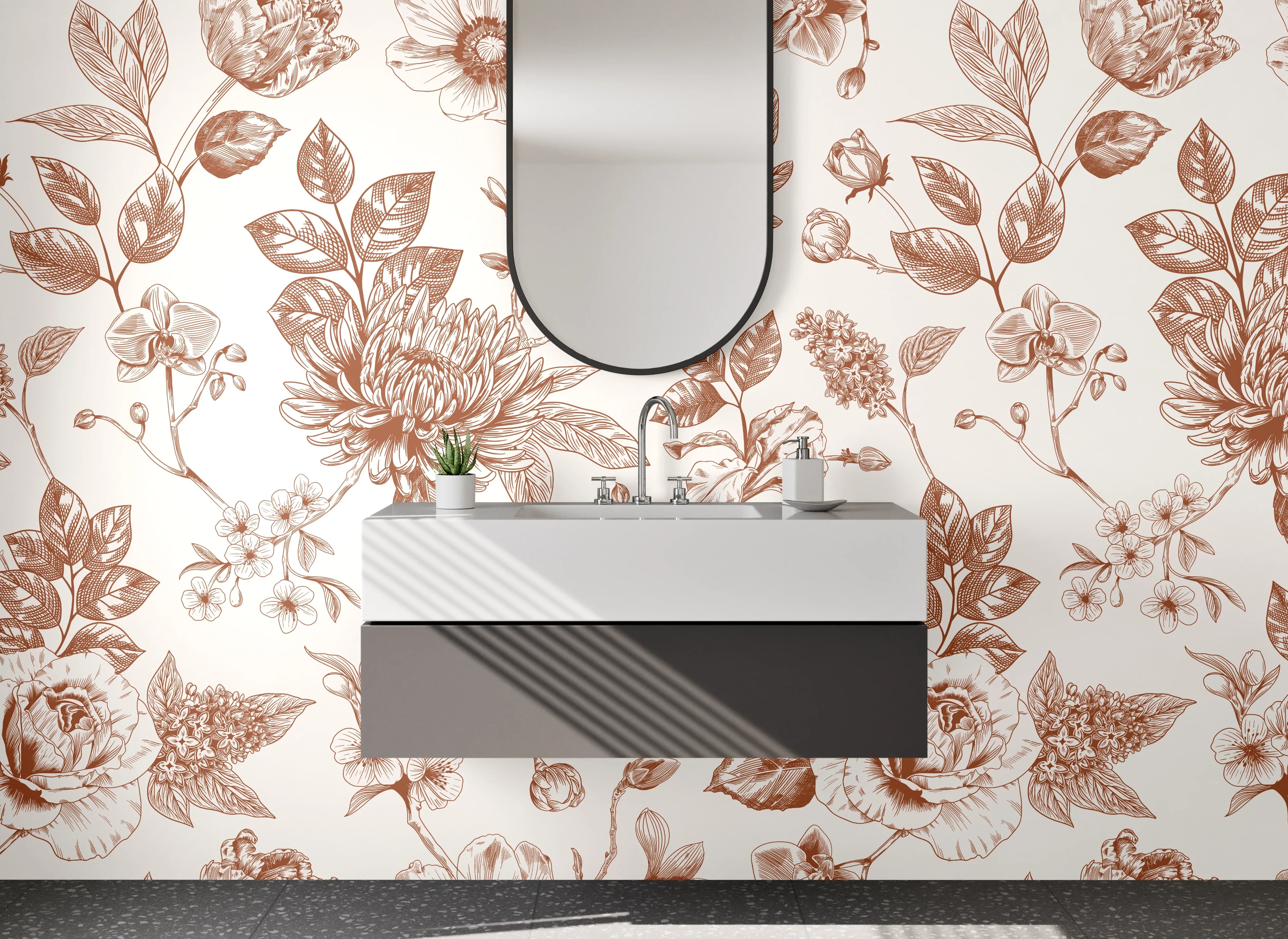Waschbecken-Rückwand - Florales Vintage Blumenmuster Beige Braun