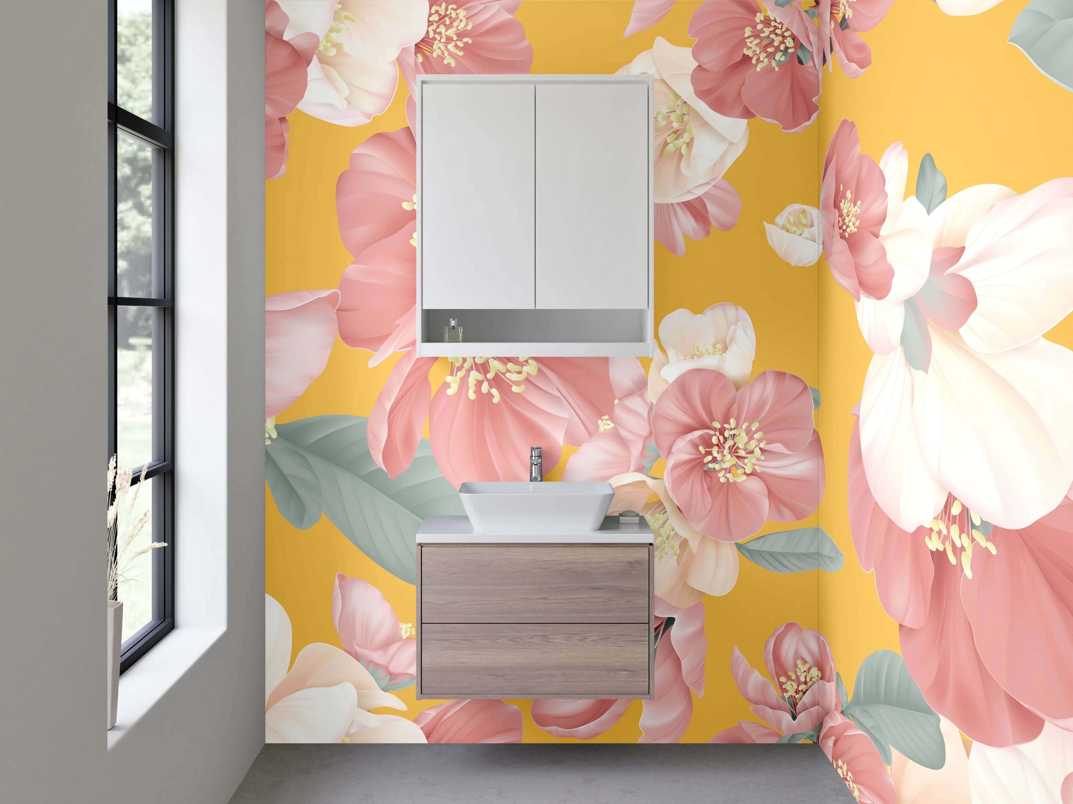 Waschbecken-Rückwand - Florales Vintage Blumenmuster Gelb Rosa