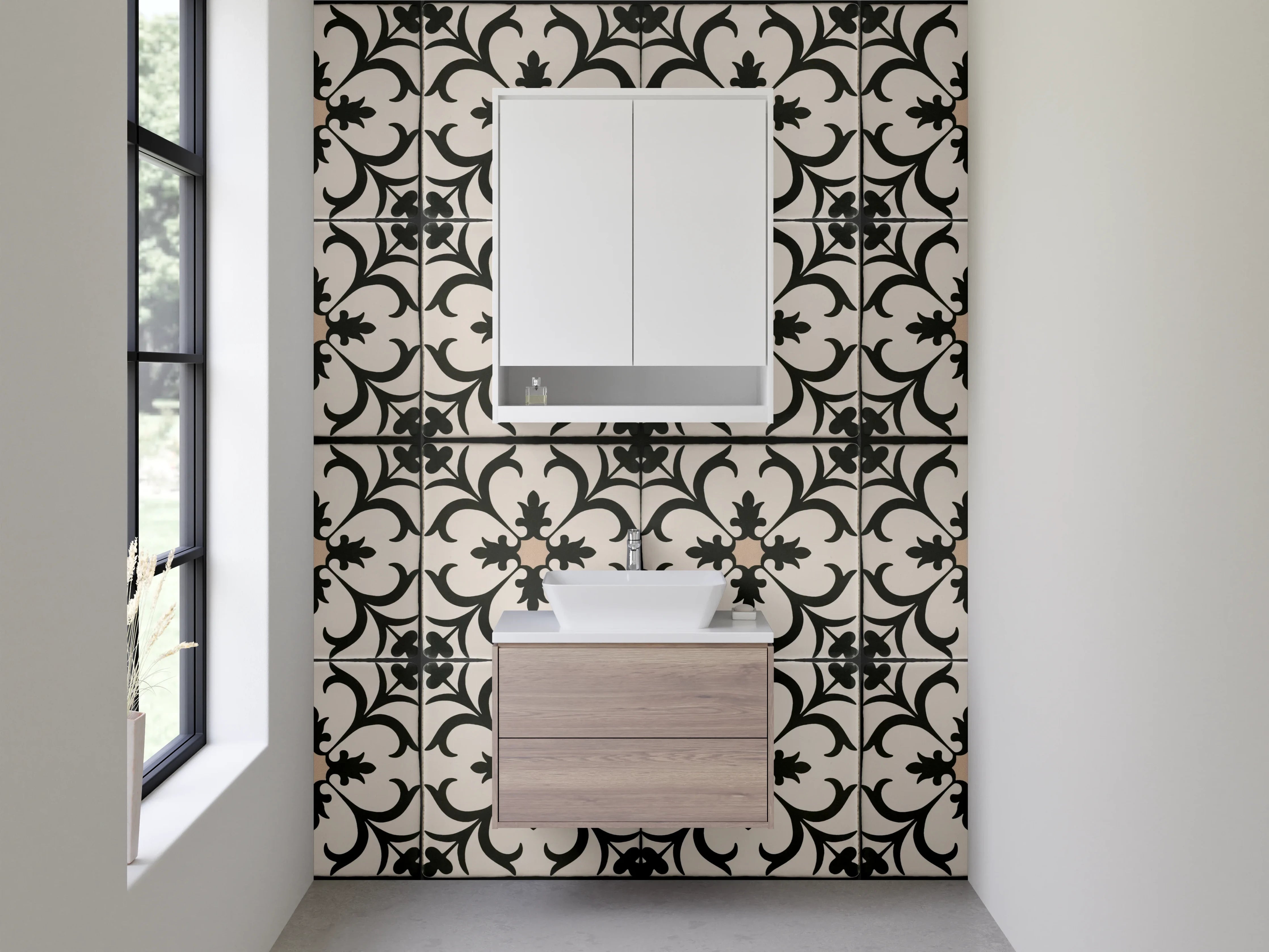 Waschbecken-Rückwand - Florales Vintage-Muster in Schwarz-Weiß