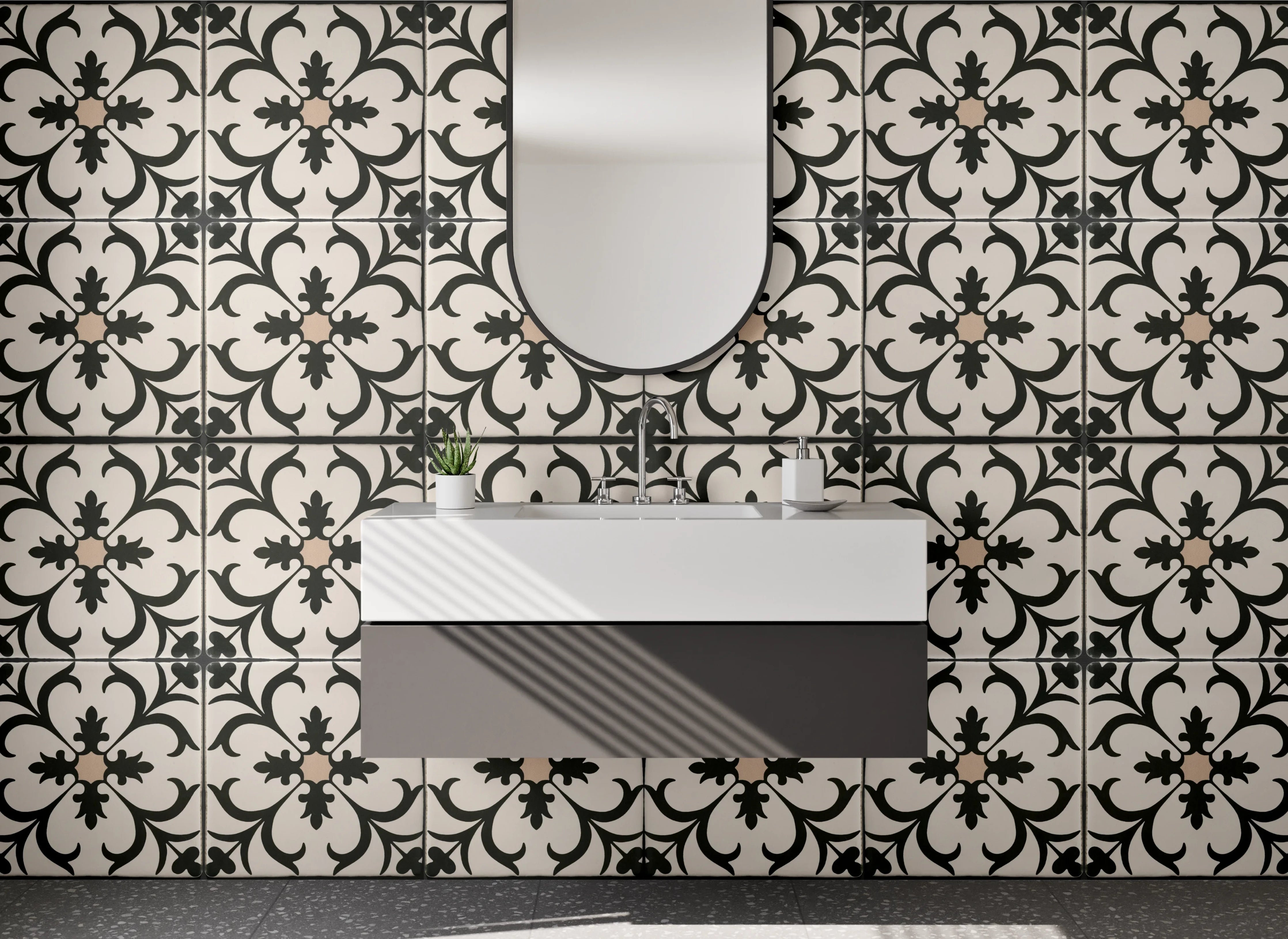 Waschbecken-Rückwand - Florales Vintage-Muster in Schwarz-Weiß
