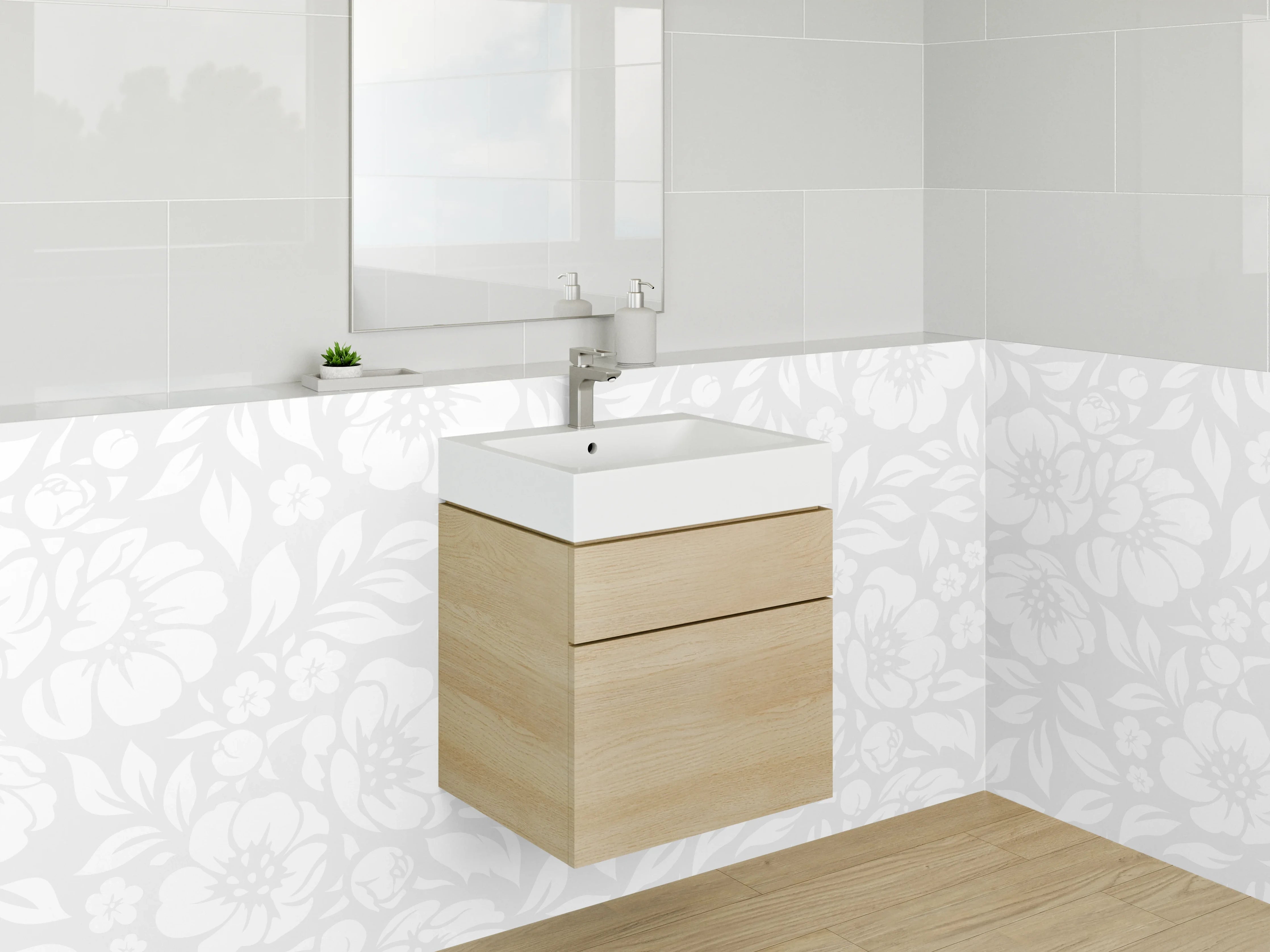 Waschbecken-Rückwand - Florales Weiß-Grau Muster Design